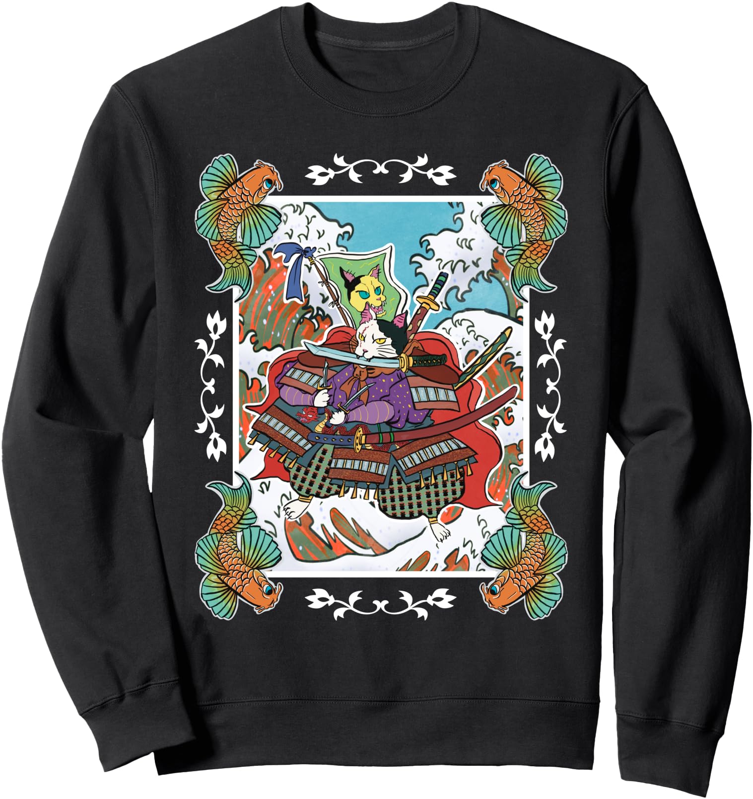 Samurai Cat and Koi Fish, Traditional Japanese Style Design Sweatshirt