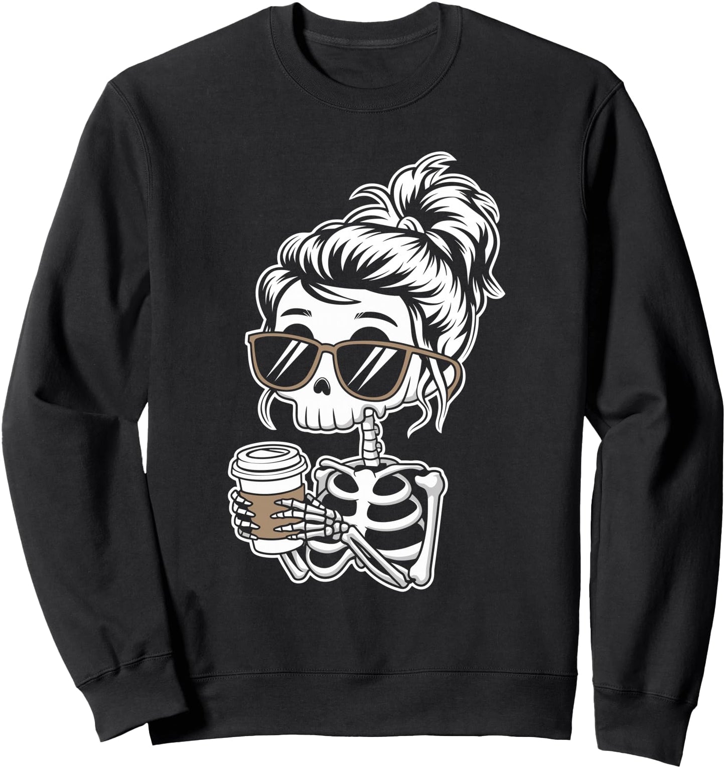 Messy Bun Skeleton Drinking Coffee Funny Halloween Costume Sweatshirt