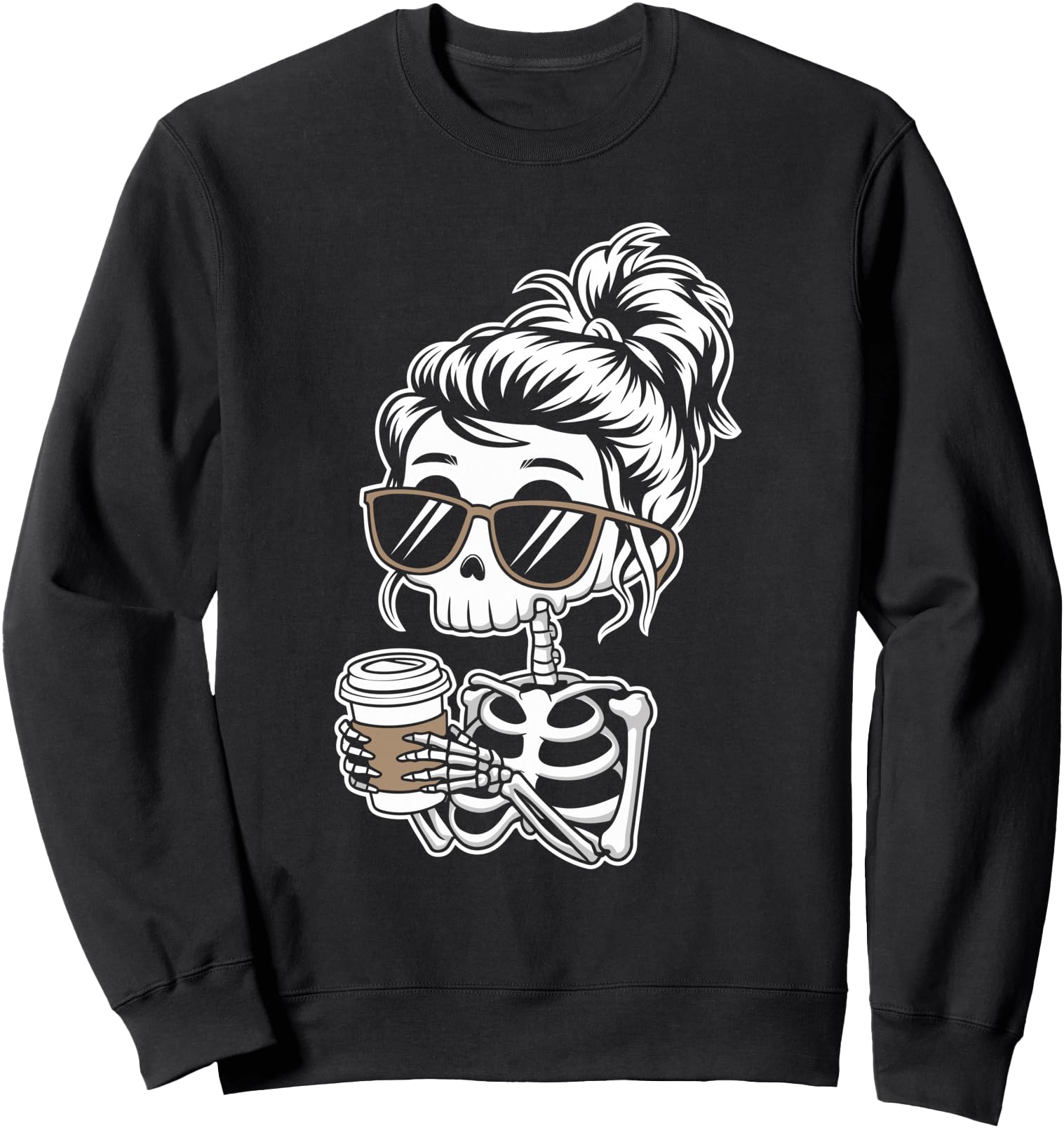 Messy Bun Skeleton Drinking Coffee Funny Halloween Costume Sweatshirt