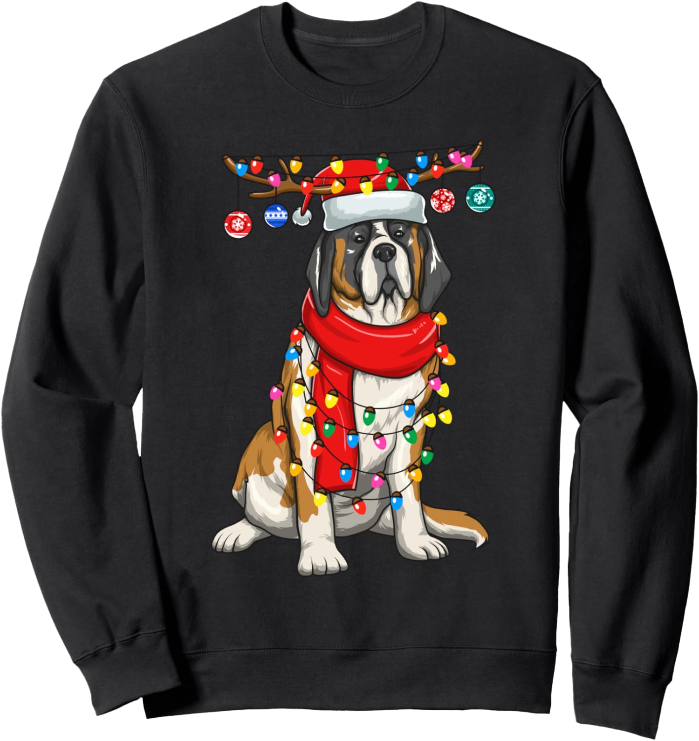 Christmas Saint Bernard Dog Holiday Lights With Antlers Sweatshirt