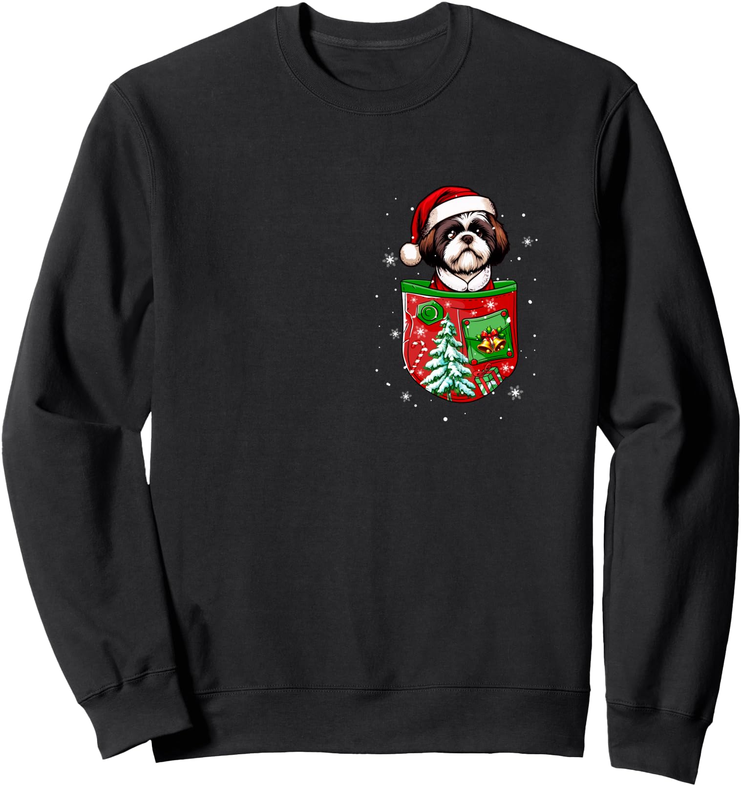 Santa Shih Tzu In Pocket Owner Christmas Tree Bells Sweatshirt
