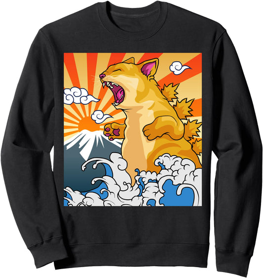 Catzilla Vintage Kawaii Cute Cat Art Japanese Sunset Sweatshirt