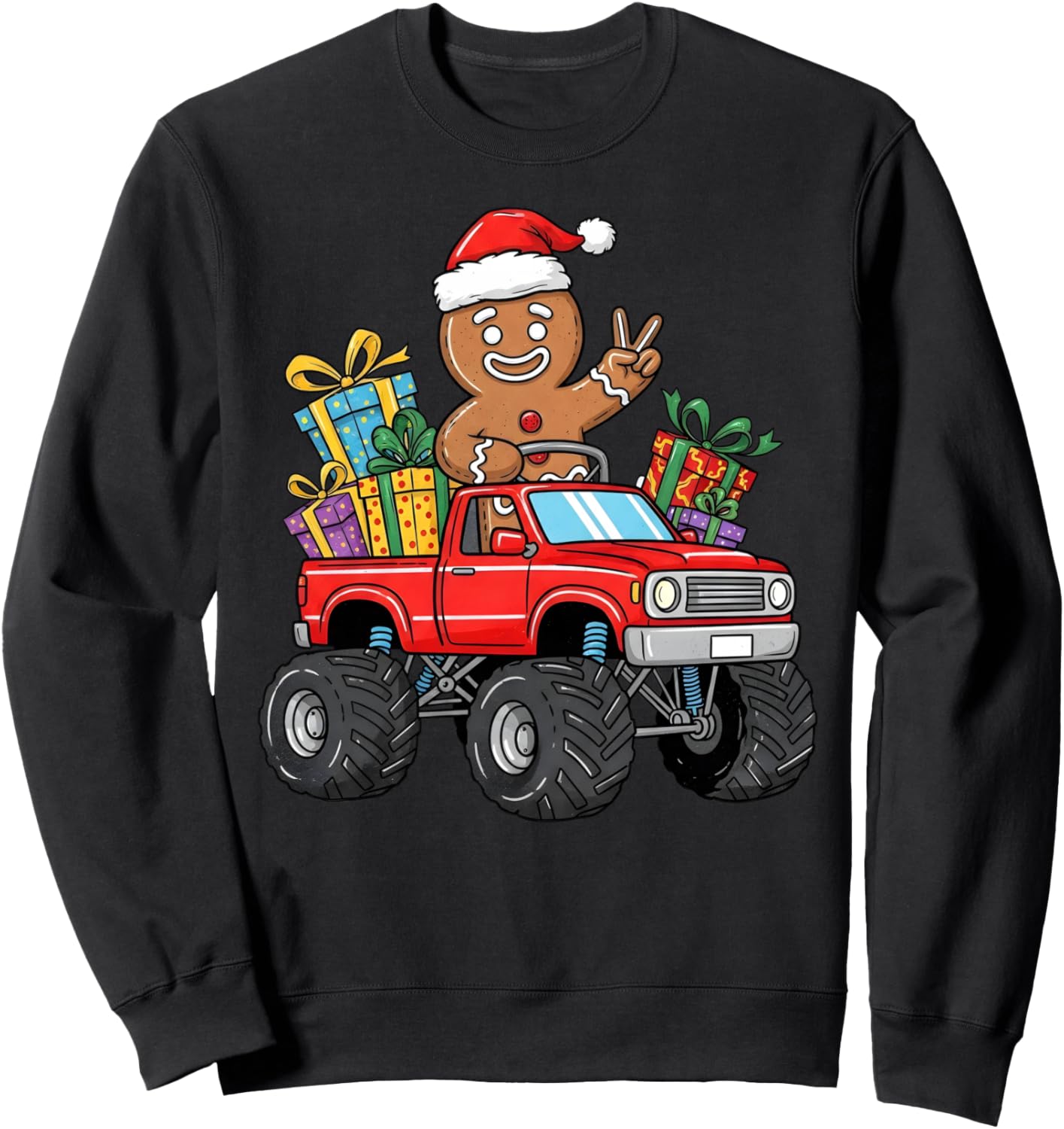 Funny Christmas Monster Truck Gingerbread Santa Cookie Kids Sweatshirt