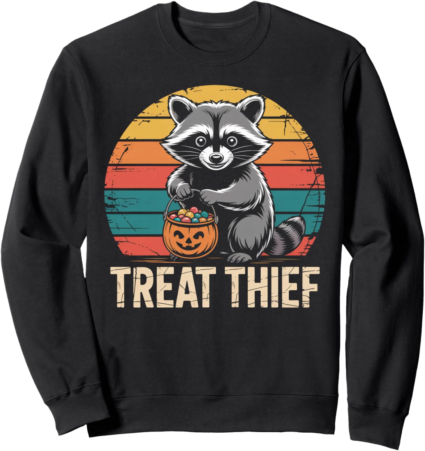 Treat Thief Raccoon with Candy Bucket Cute Halloween Sweatshirt
