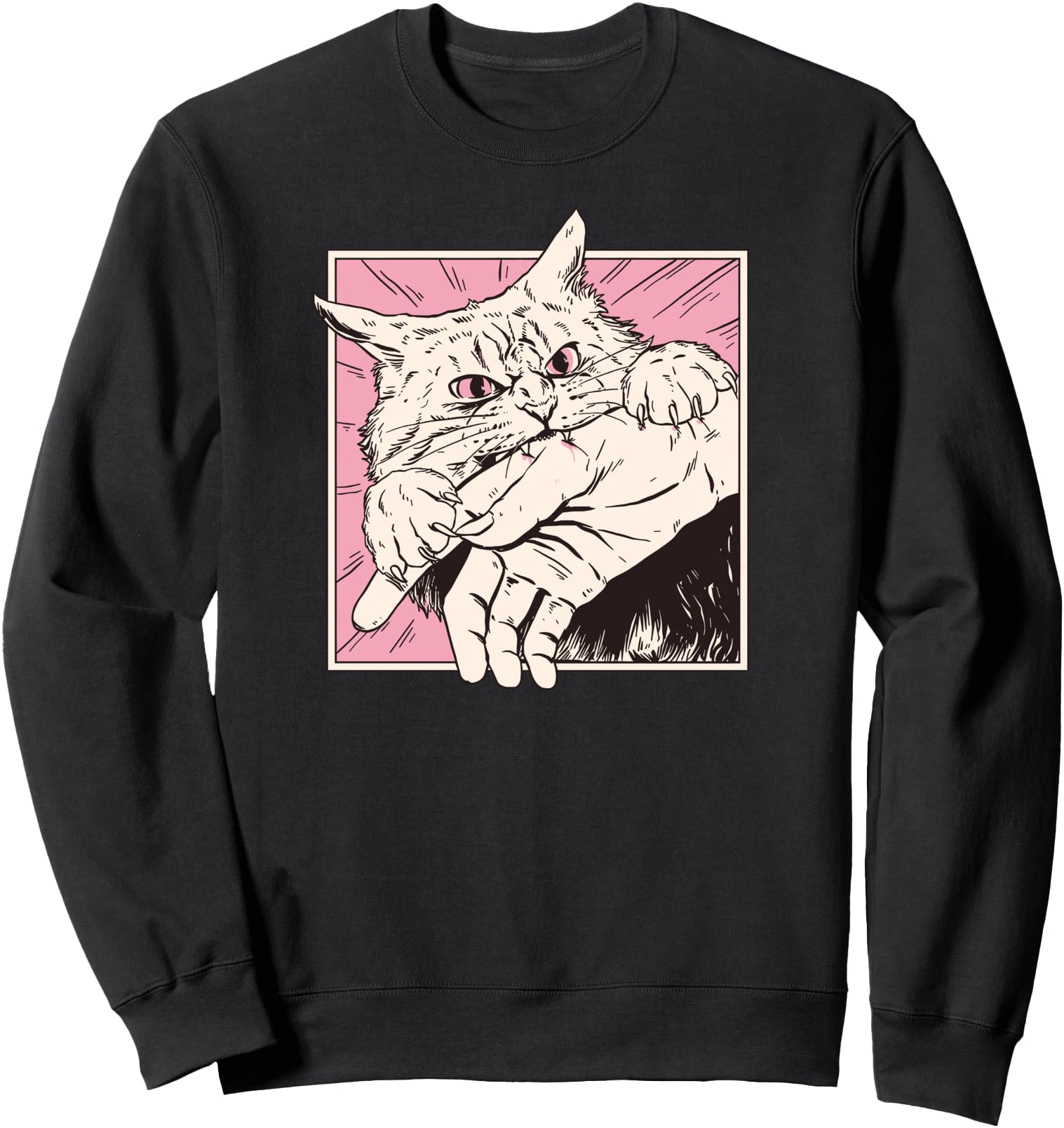 Cat Bite Retro Horror Graphic Japanese Manga Style Funny Sweatshirt