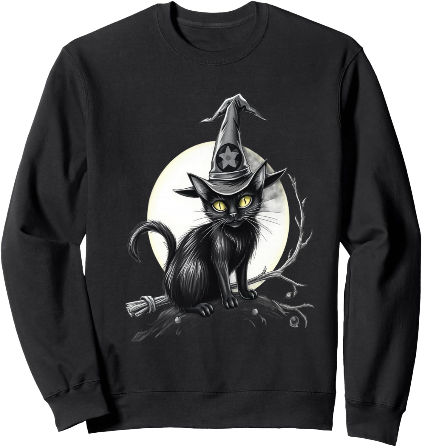 Vintage Scary Halloween Black Cat Witch Hat Moon Sweatshirt