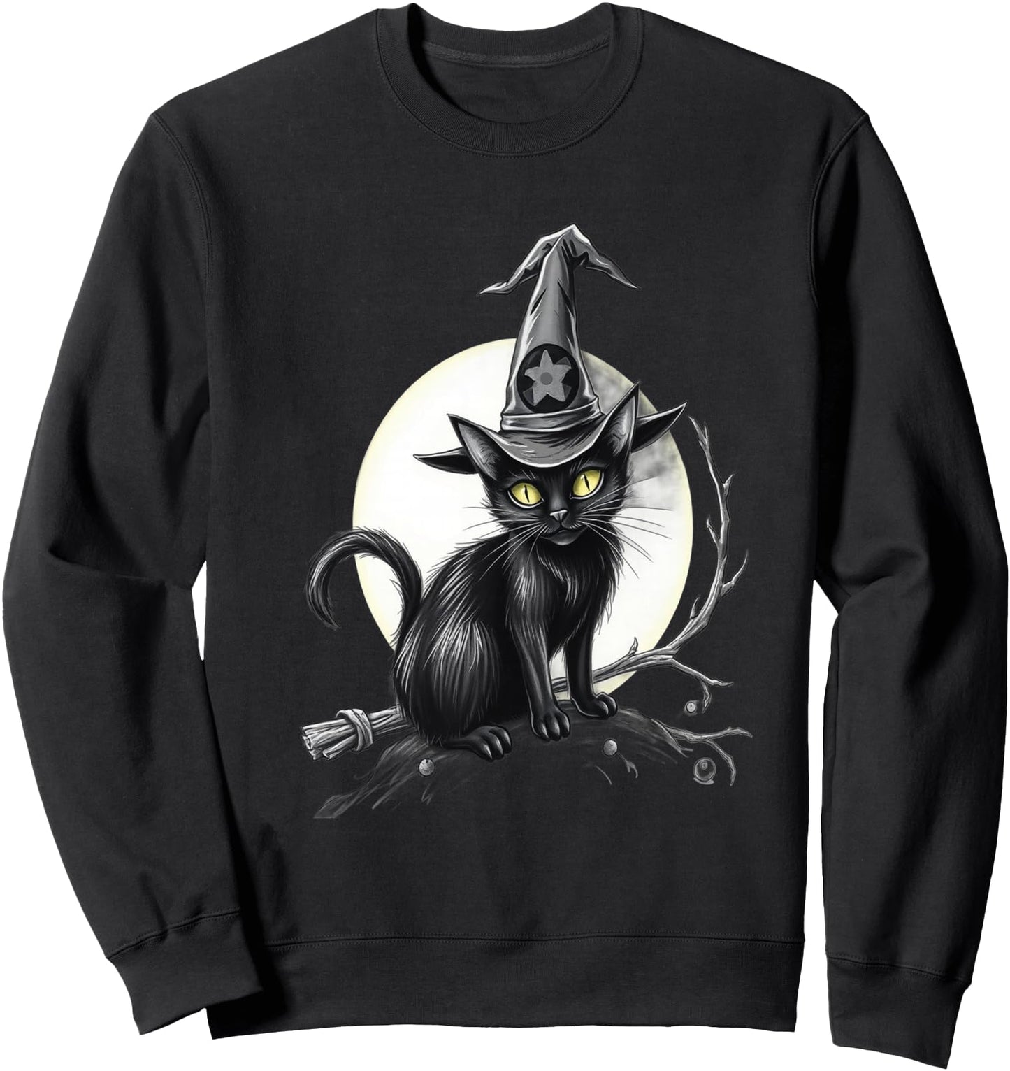 Vintage Scary Halloween Black Cat Witch Hat Moon Sweatshirt