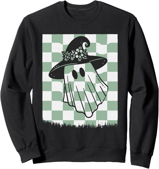 Checkered Halloween Ghosts Spooky Season Groovy Halloween Sweatshirt