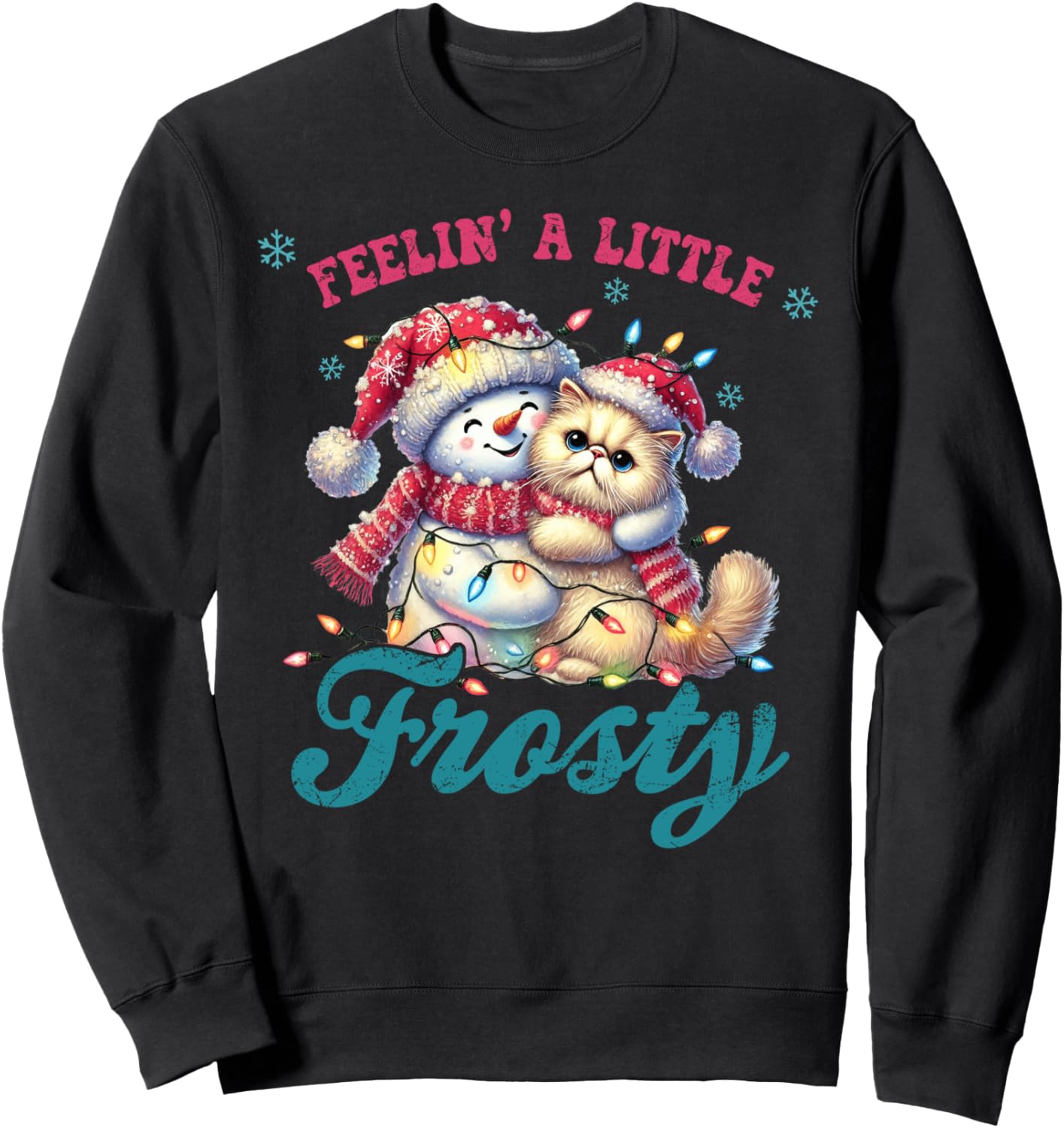 Feelin' A Little Frosty Cute Snowman & Cat Santa Lights Xmas Sweatshirt