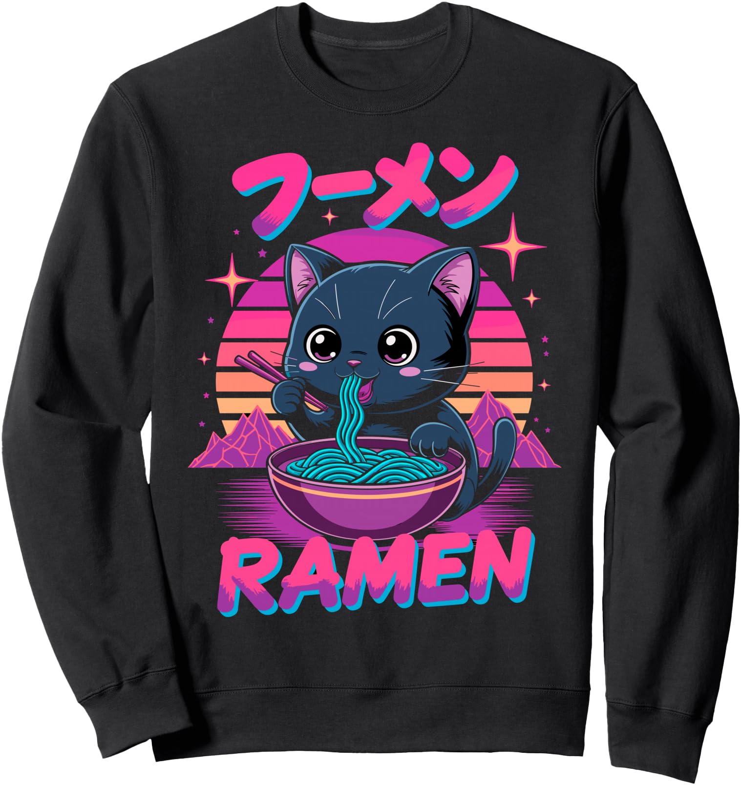 Synthwave Cat & Ramen Anime Noodle Tee Japanese Kawaii '80s Sweatshirt