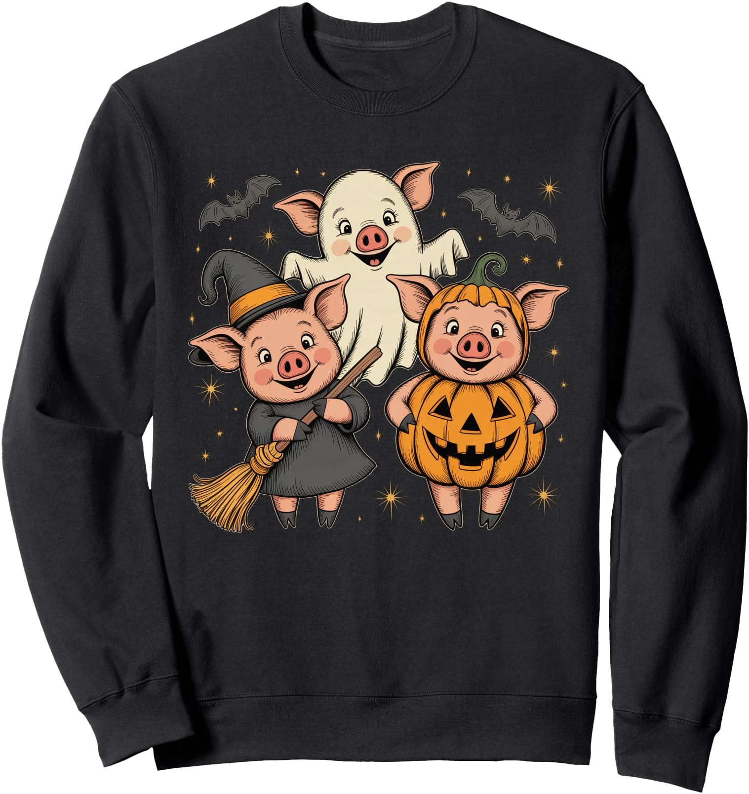 Three Halloween Pigs Cosplay Witch Boo Carved Pumpkin Sweatshirt