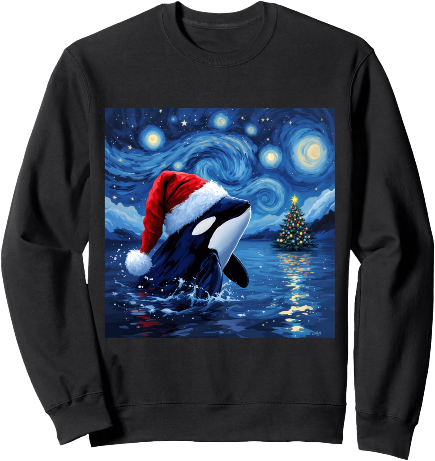 Christmas Orca Santa Hat Van Gogh Starry Night Holiday Sweatshirt