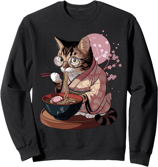 Cat Eating Ramen Noodles Funny Japanese Anime Manga Tattoo Sweatshirt