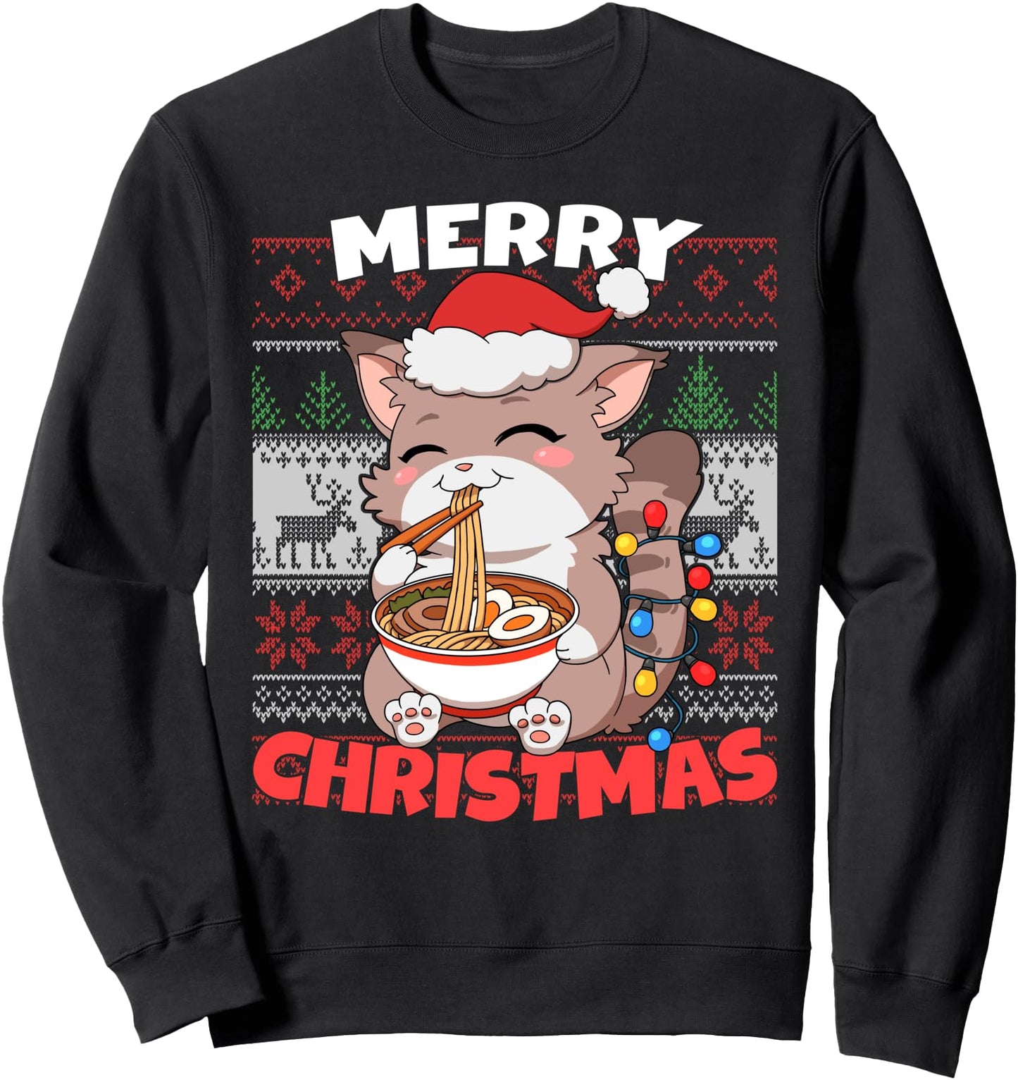 Funny Anime Kawaii Cat Santa Hat Ramen Ugly Merry Christmas Sweatshirt