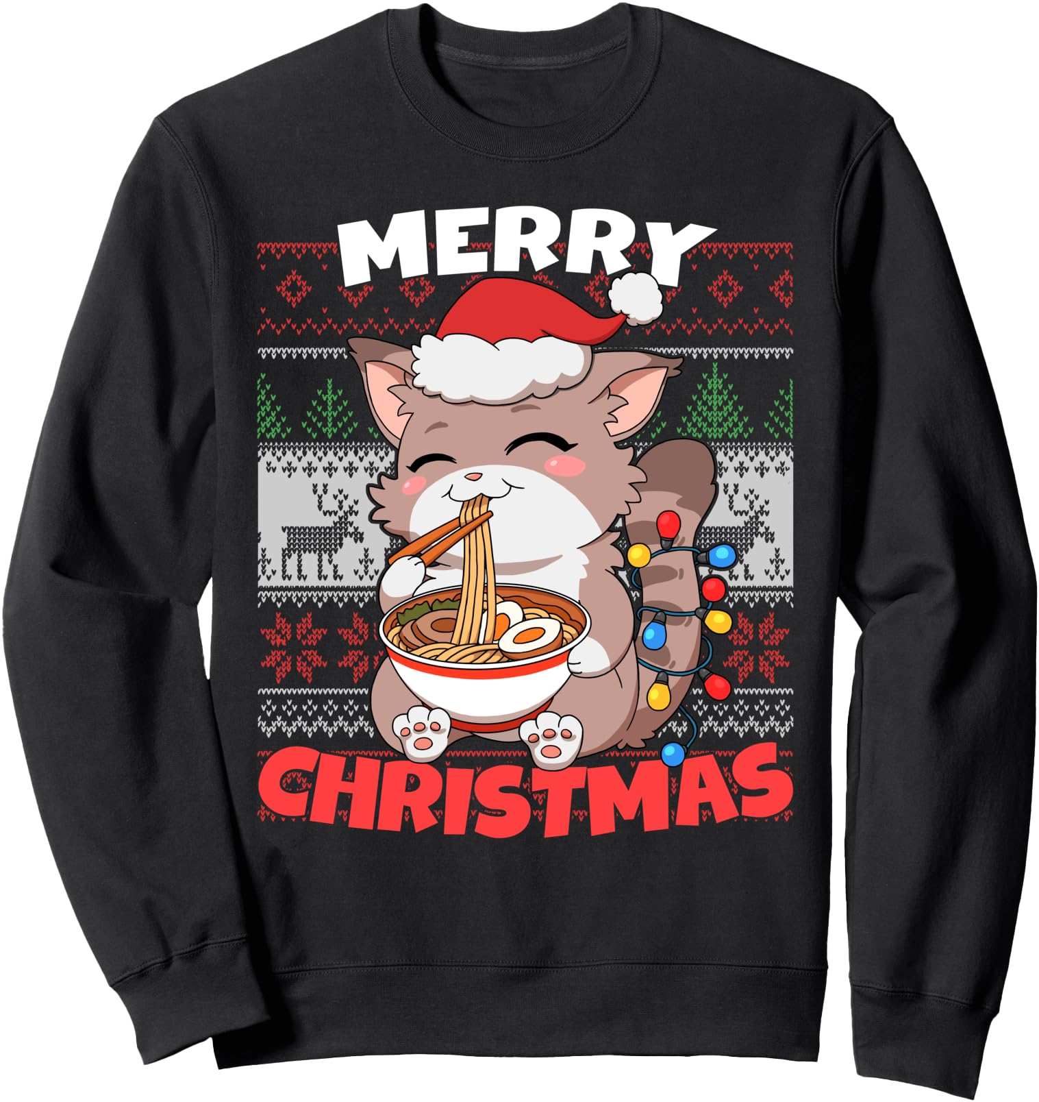 Funny Anime Kawaii Cat Santa Hat Ramen Ugly Merry Christmas Sweatshirt