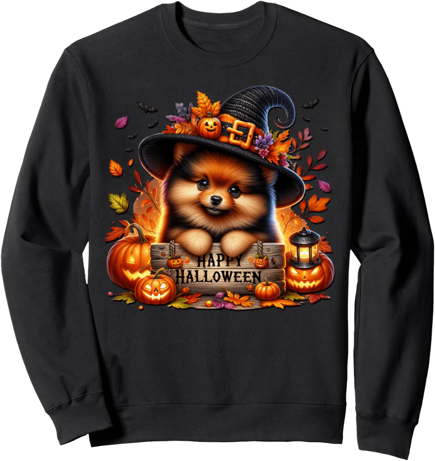 Witchy Pomeranian Puppy In Black Witch Hat Happy Halloween Sweatshirt