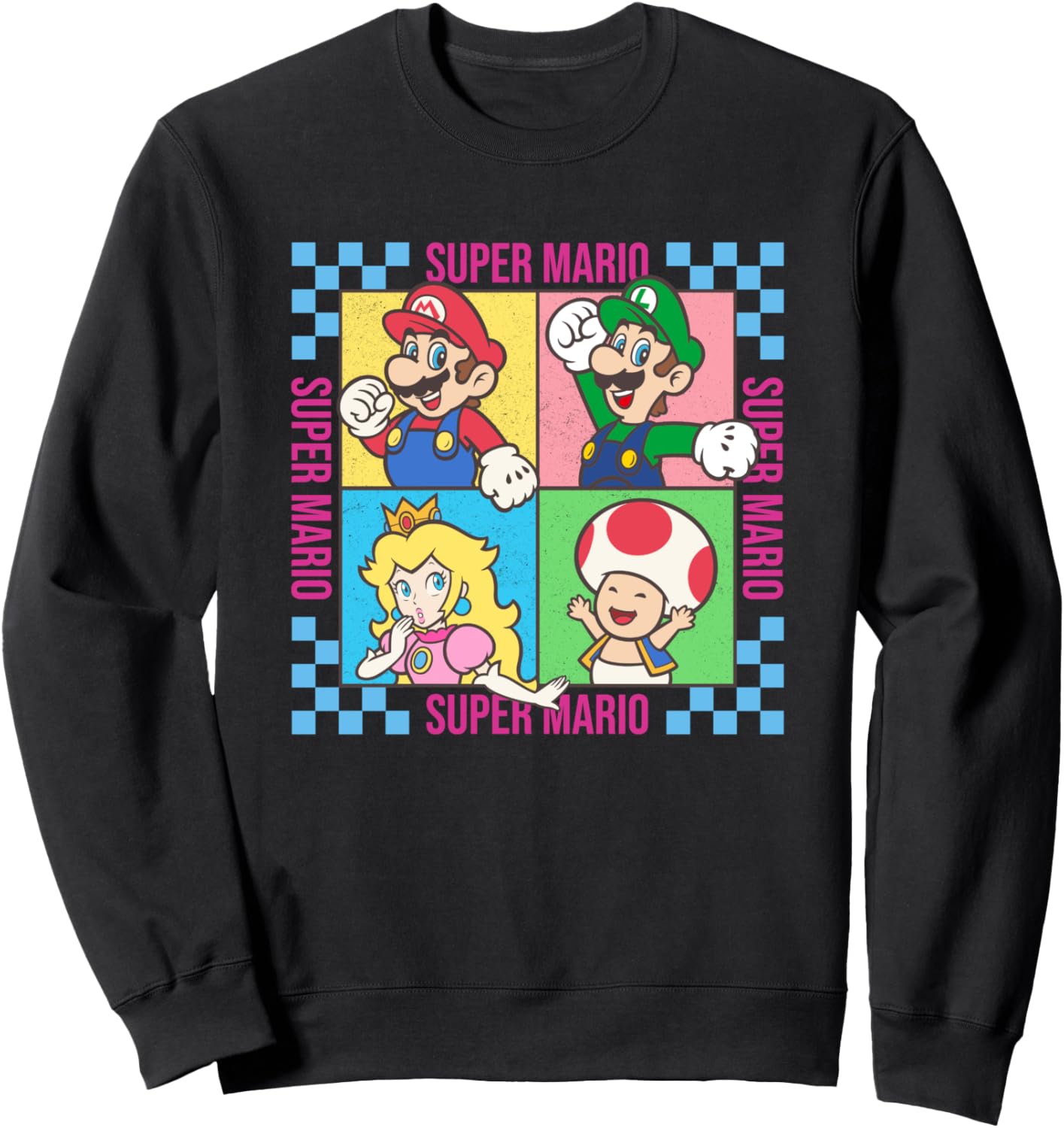 Super Mario Neon Pastel Checkerboard Frame Group Shot Sweatshirt