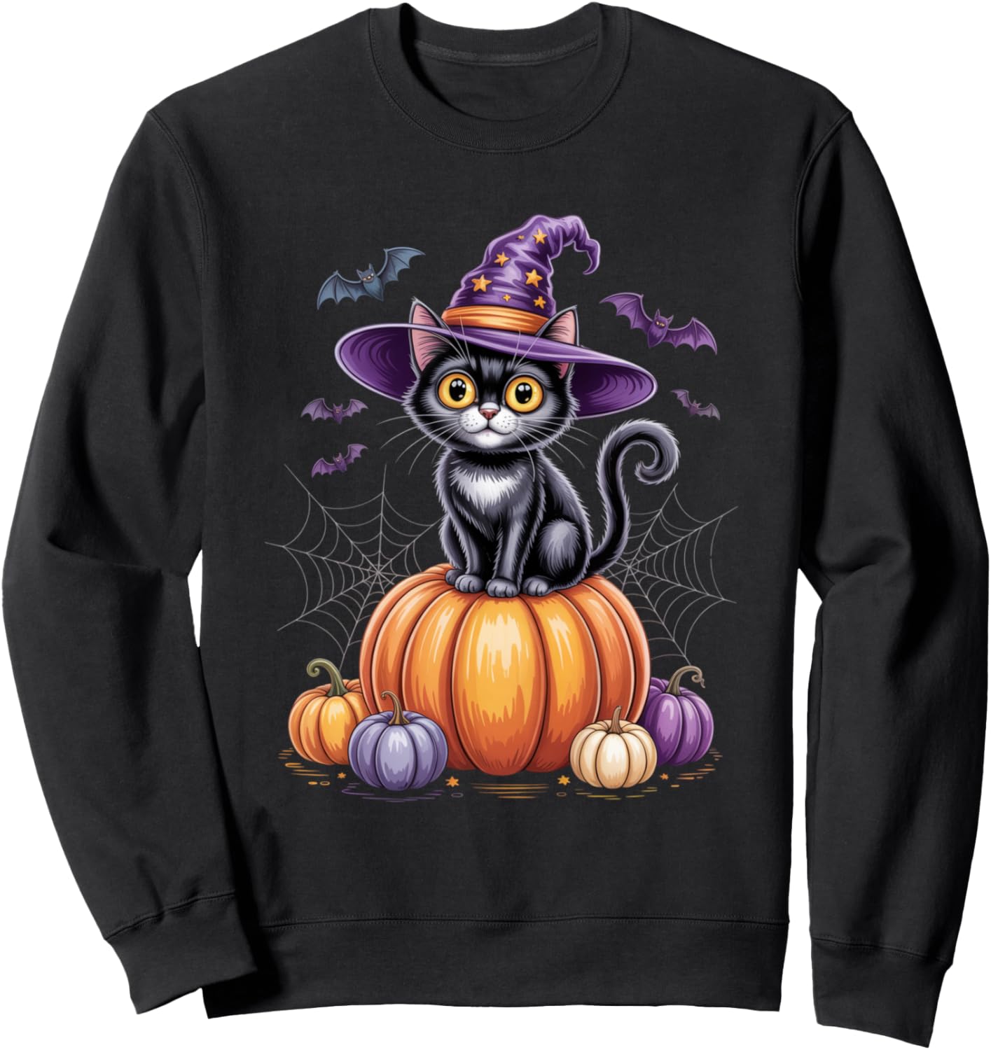 Black Cat on Pumpkin with Witch Hat Halloween Sweatshirt