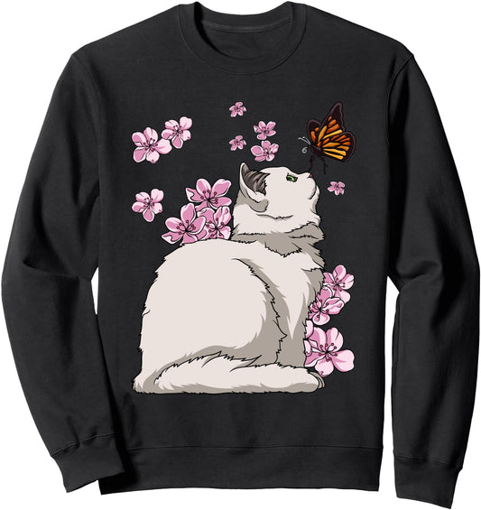 Cat With Butterfly Japanese Sakura Cherry Blossom Sweatshirt