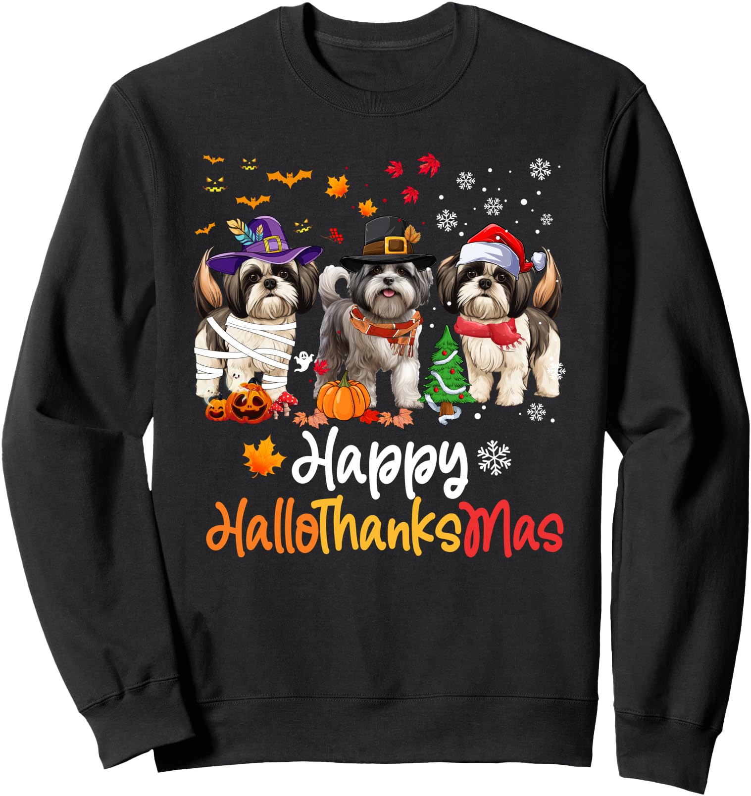 Shih Tzu Dog Halloween Christmas Happy Hallothanksmas Sweatshirt