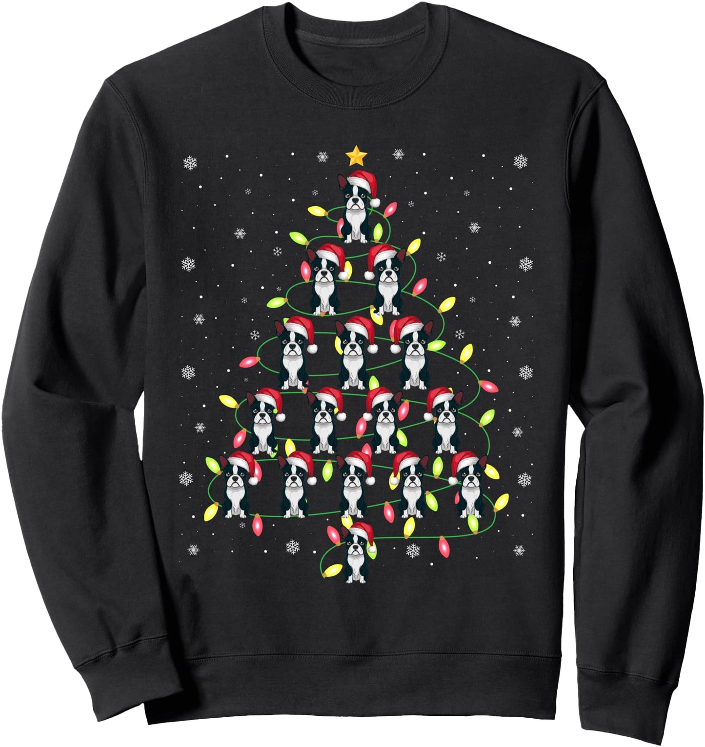Boston Terrier Santa Christmas Tree Lights Ugly Sweater Sweatshirt