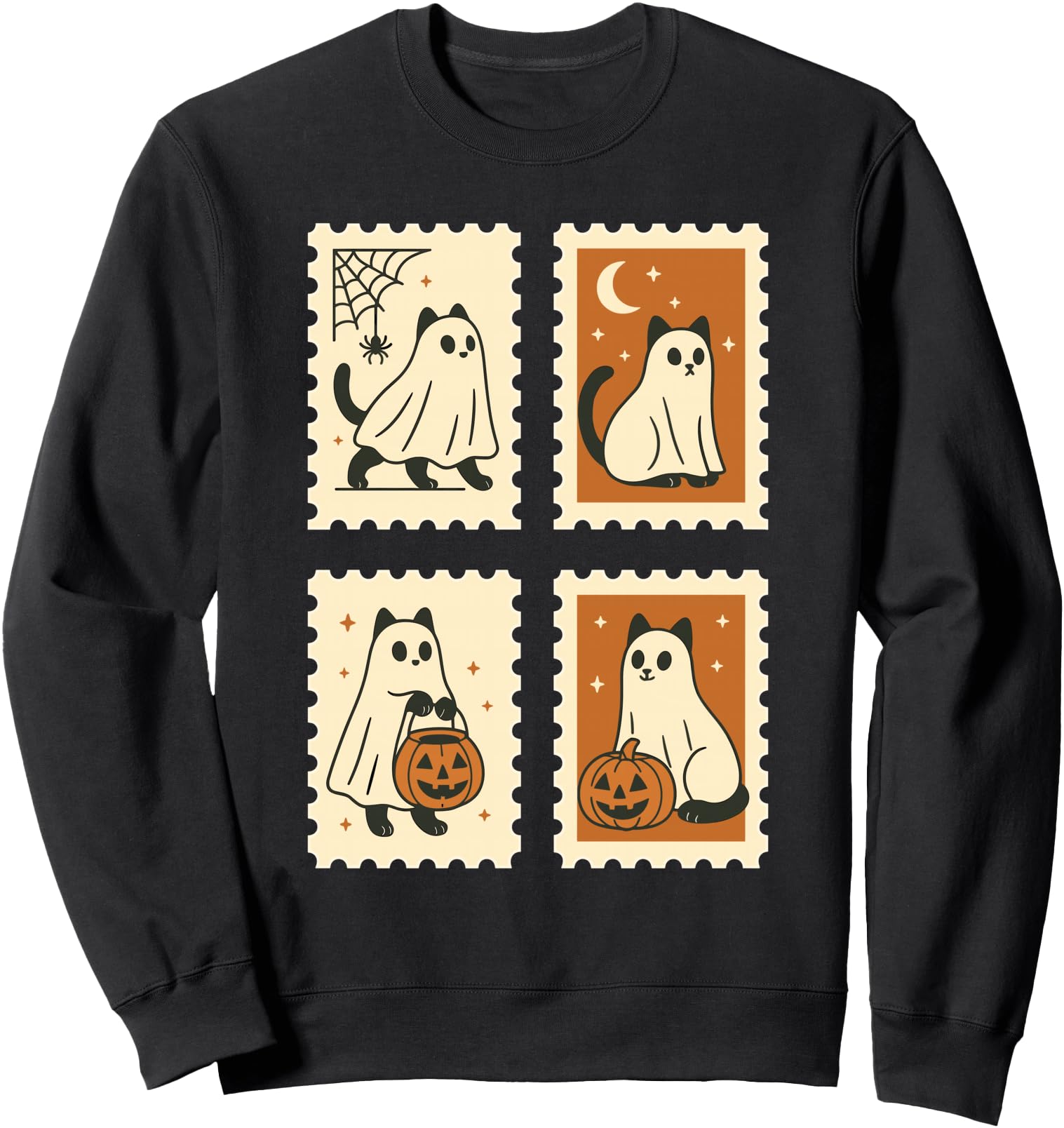 Ghost Black Cat With Pumpkin Spooky Feline Halloween Stamps Sweatshirt