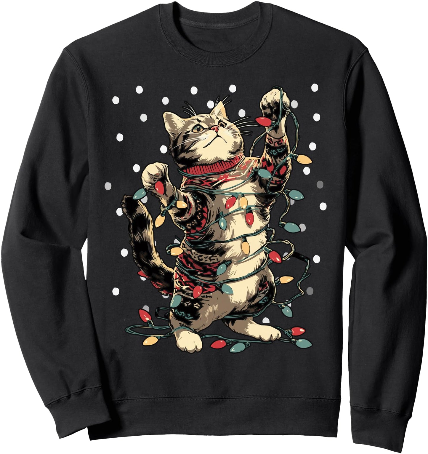 Cute Tabby Cat with Snow and Christmas Lights Winter Kitten Sweatshirt