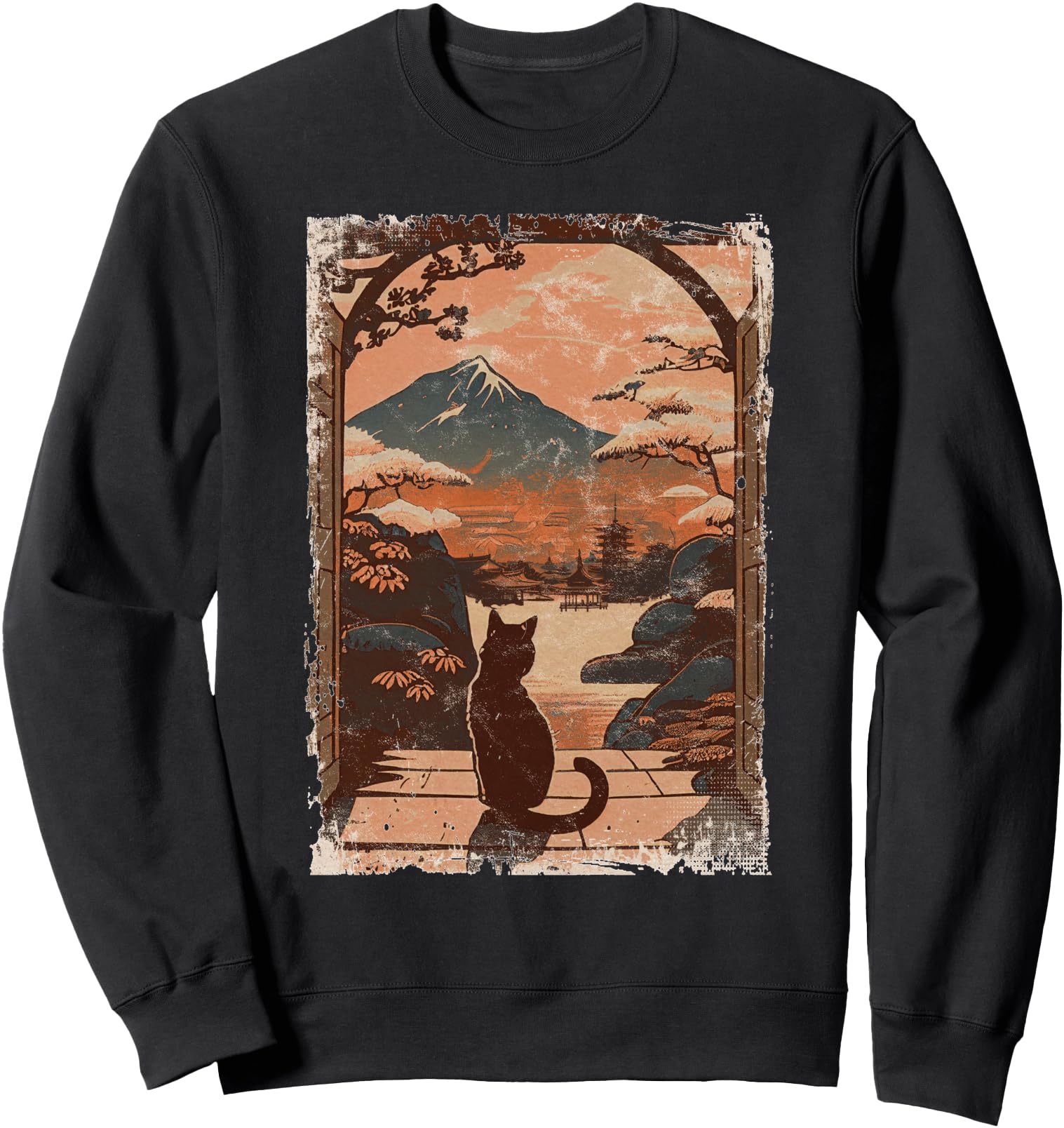 Japanese Cat Sitting Woodblock Art Sweatshirt