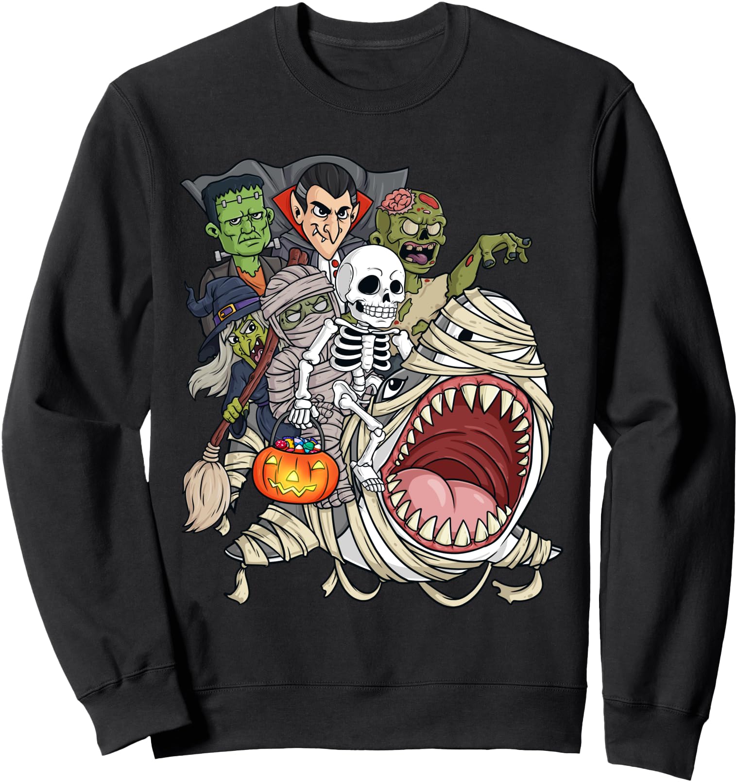 Skeleton Zombie Riding Mummy Shark Funny Halloween Pumpkin Sweatshirt