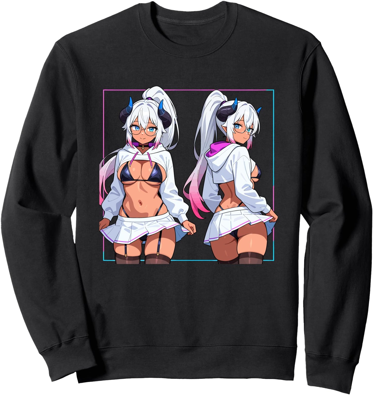 Waifu Sexy Anime Girl Horns Glasses Skirt Japanese Manga Sweatshirt