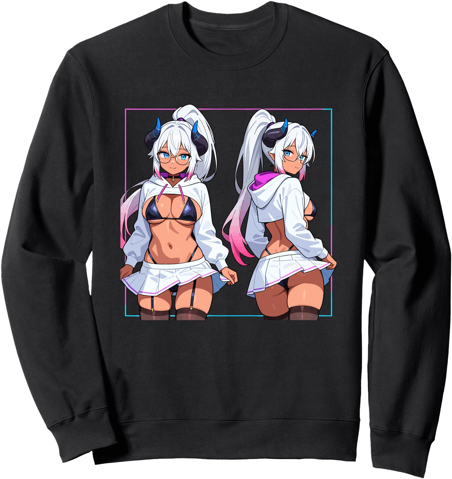 Waifu Sexy Anime Girl Horns Glasses Skirt Japanese Manga Sweatshirt