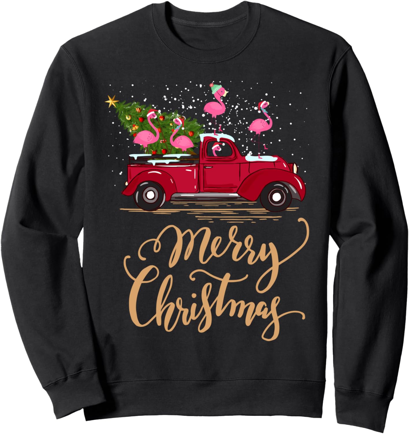 Flamingo Driving Christmas Tree Red Truck Flamingo Xmas Gift Sweatshirt