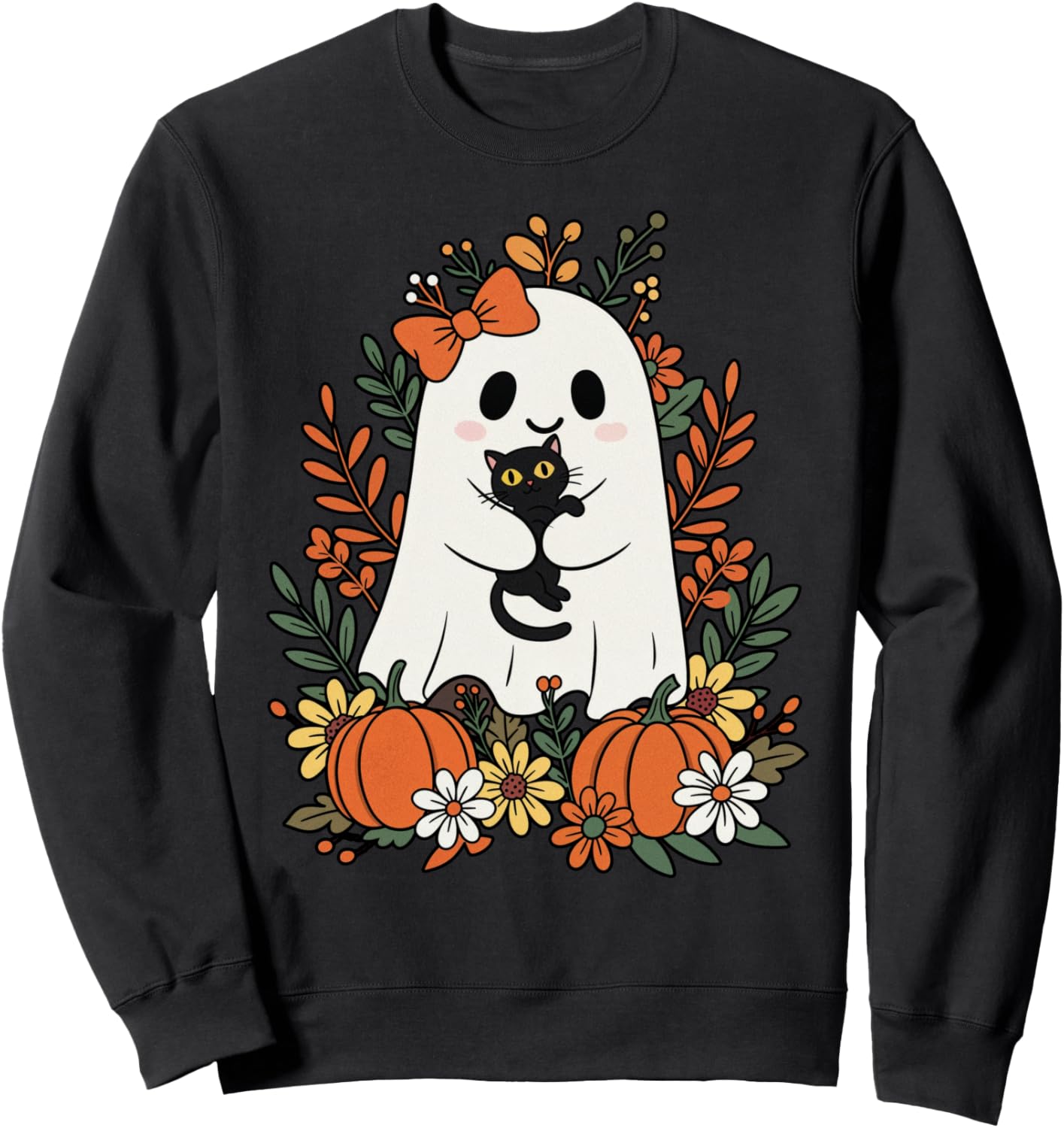 Vintage Cute Ghost with Black Cat and Pumpkins Halloween Sweatshirt