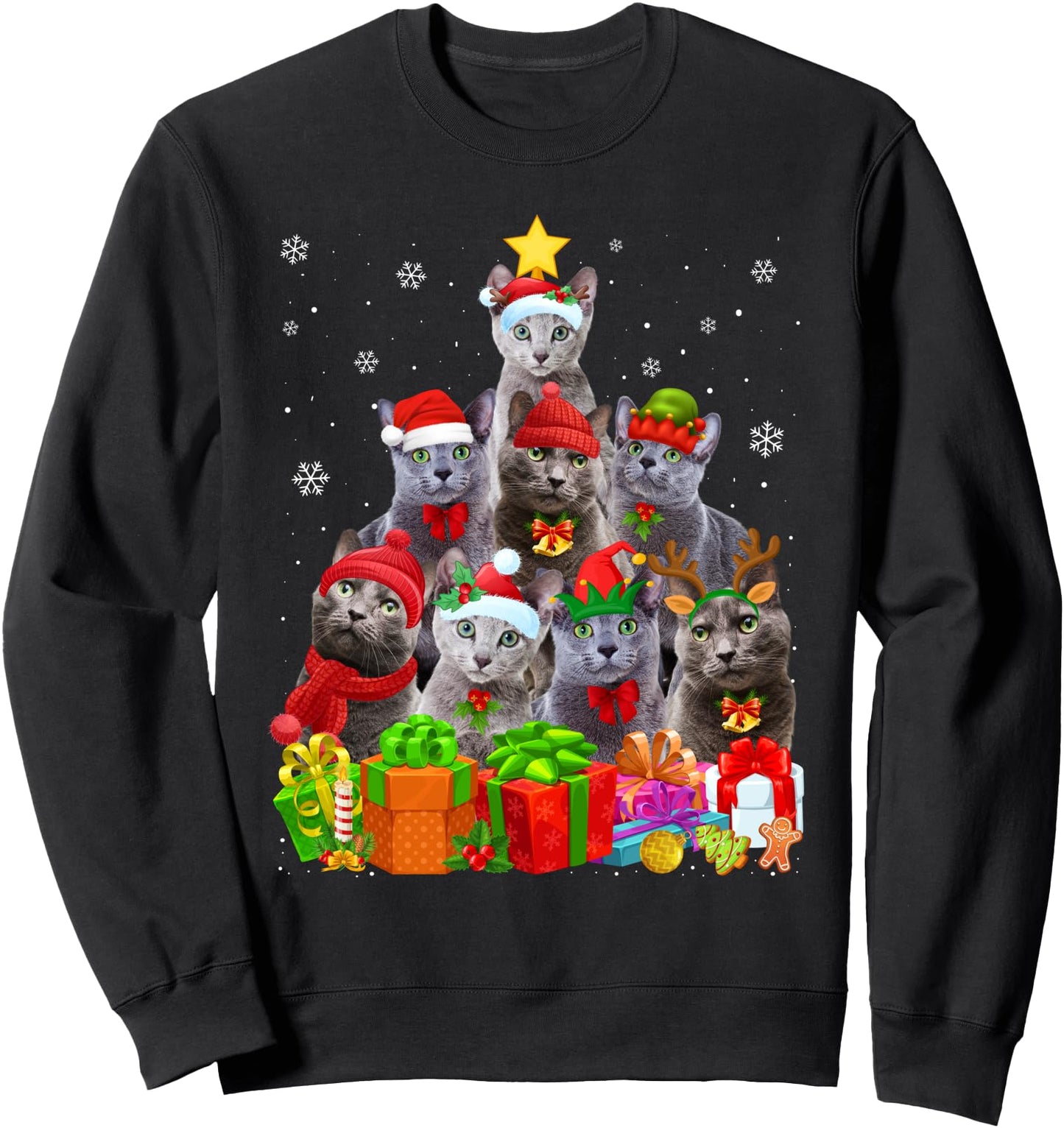 Ugly Christmas Sweater Cat Tree Funny Russian Blue Cat Xmas Sweatshirt