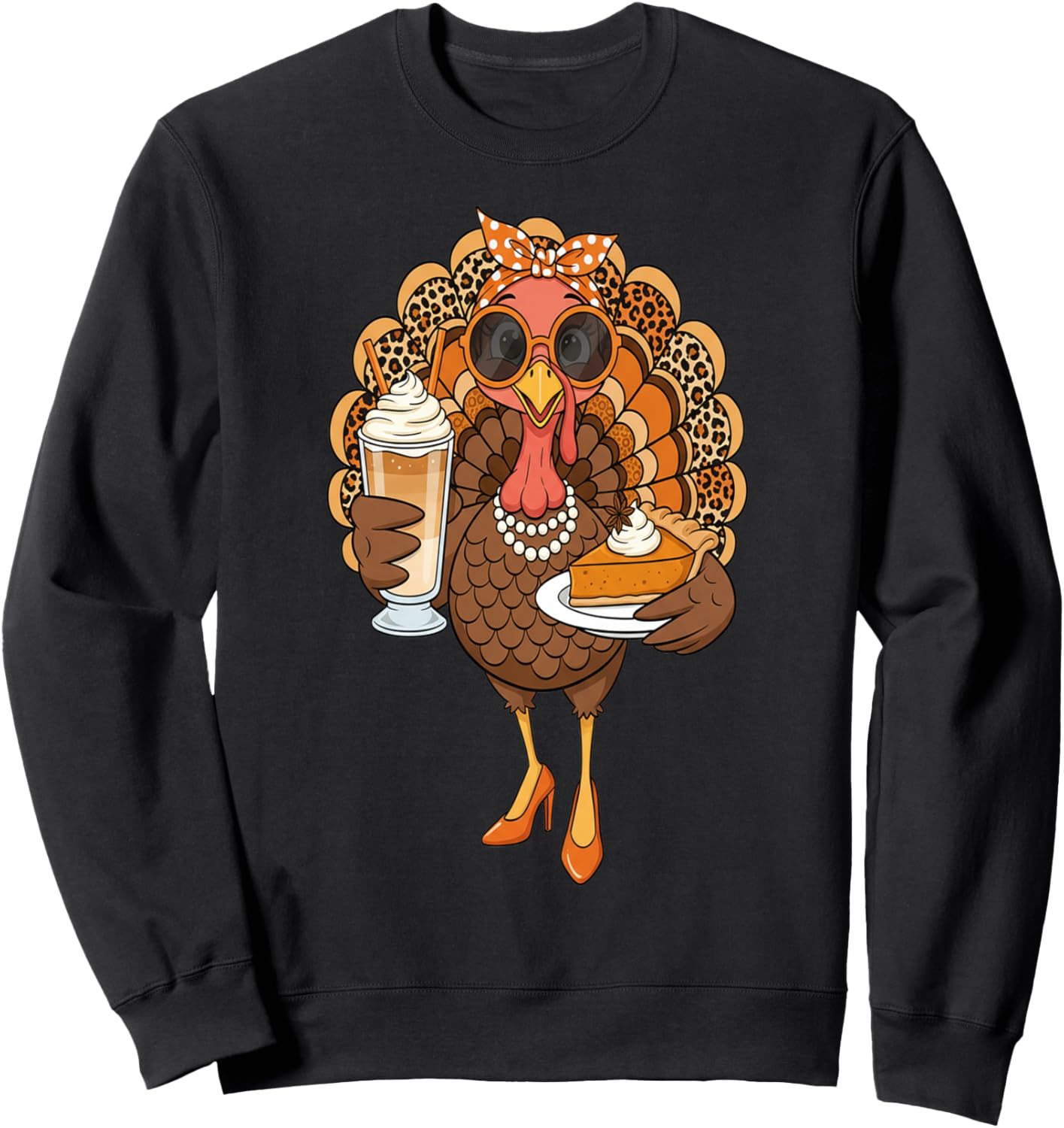 Turkey High Heels Drinking Coffee Bow Thanksgiving Leopard Sweatshirt