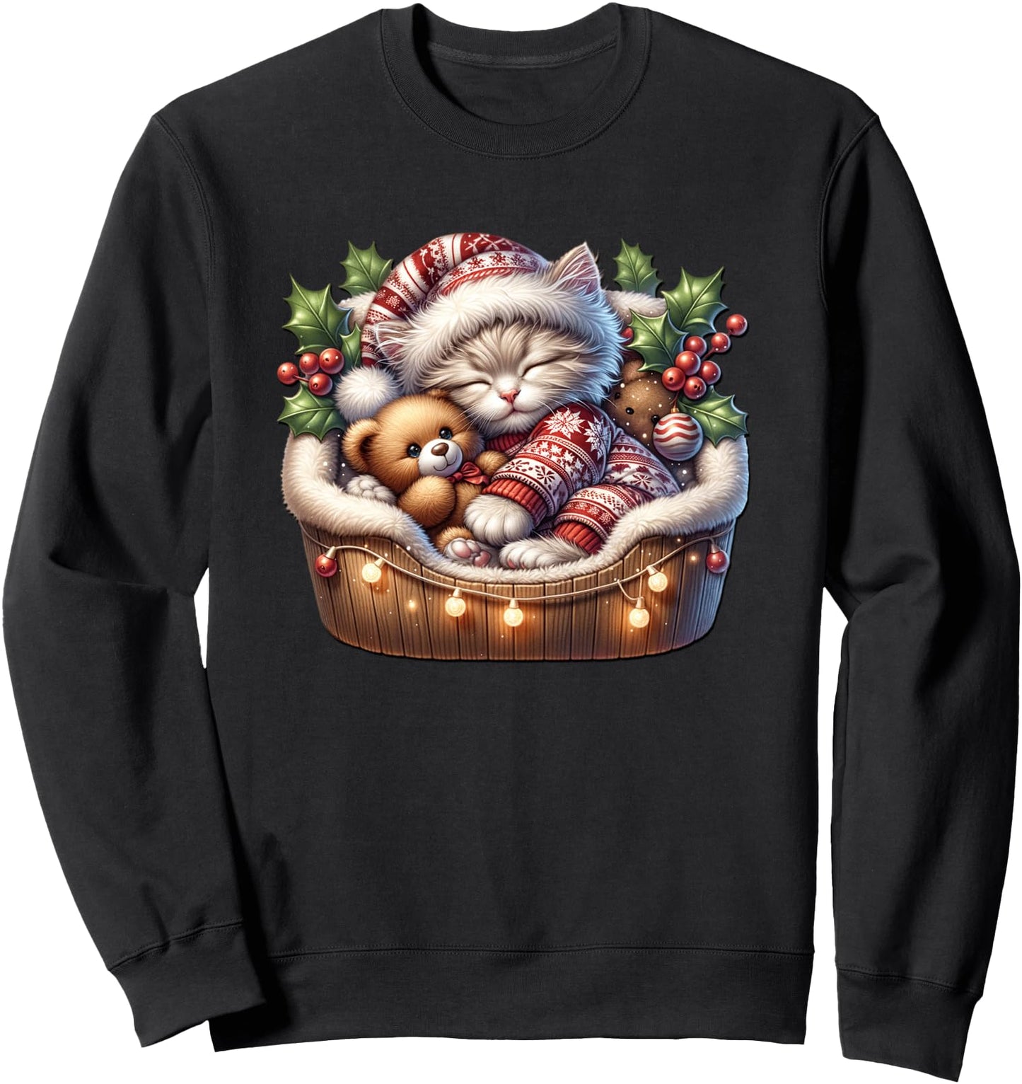 Winter Cat For Women Cuddle With Teddy Bear Christmas Lights Sweatshirt