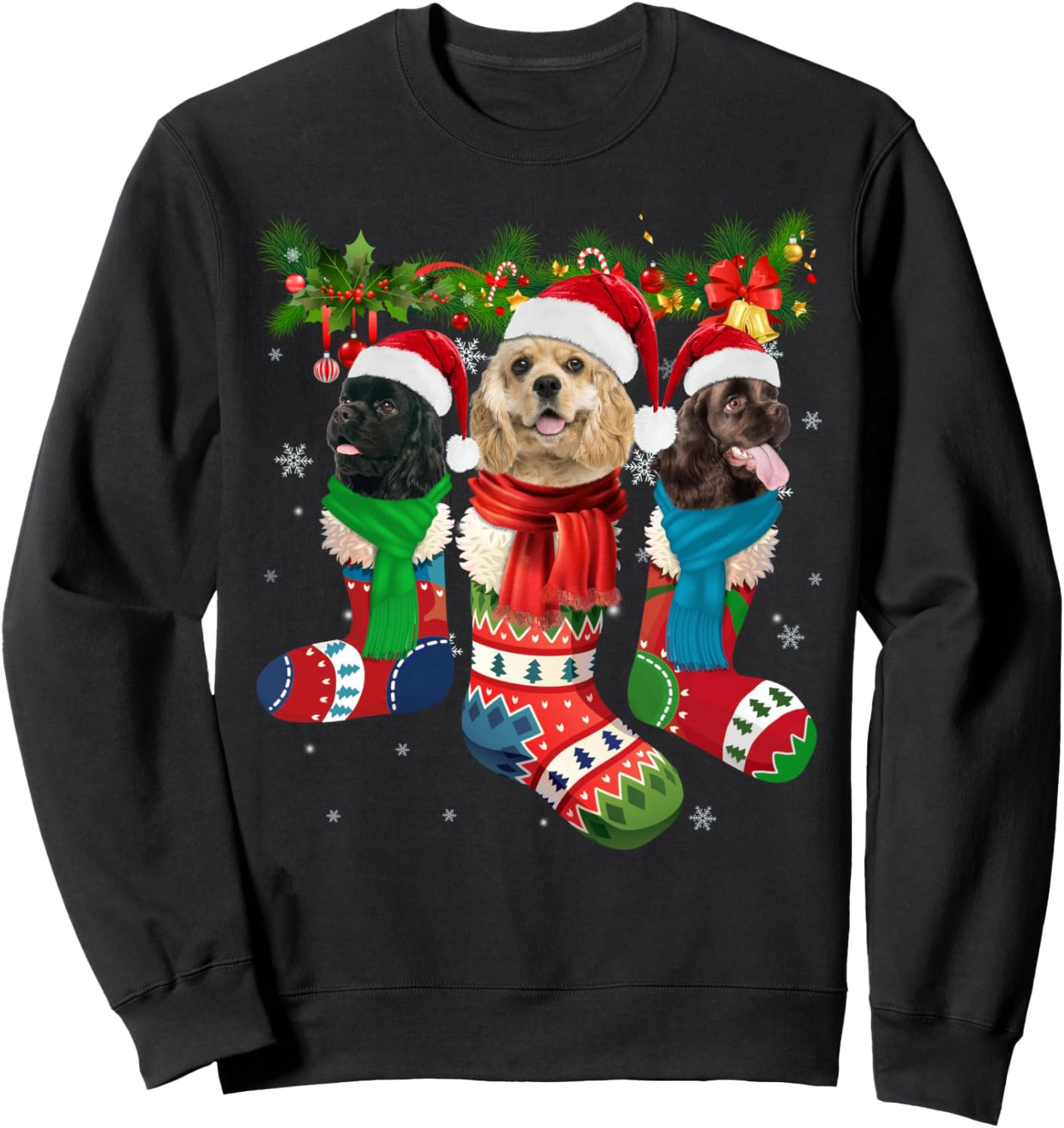 Three American Cocker Spaniels In Christmas Socks Sweatshirt