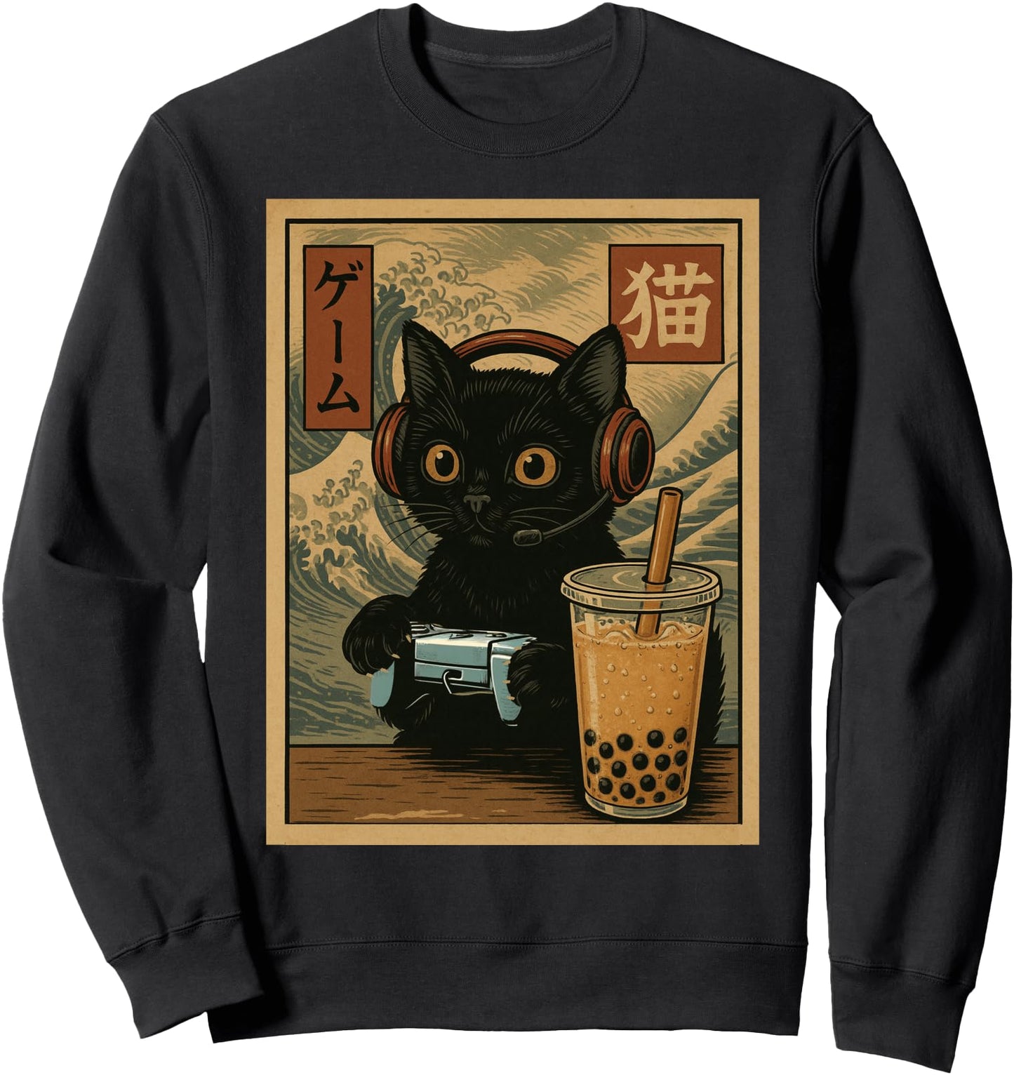 Cute Kawaii Gamer Cat Funny Bubble Tea Retro Japanese Gaming Sweatshirt