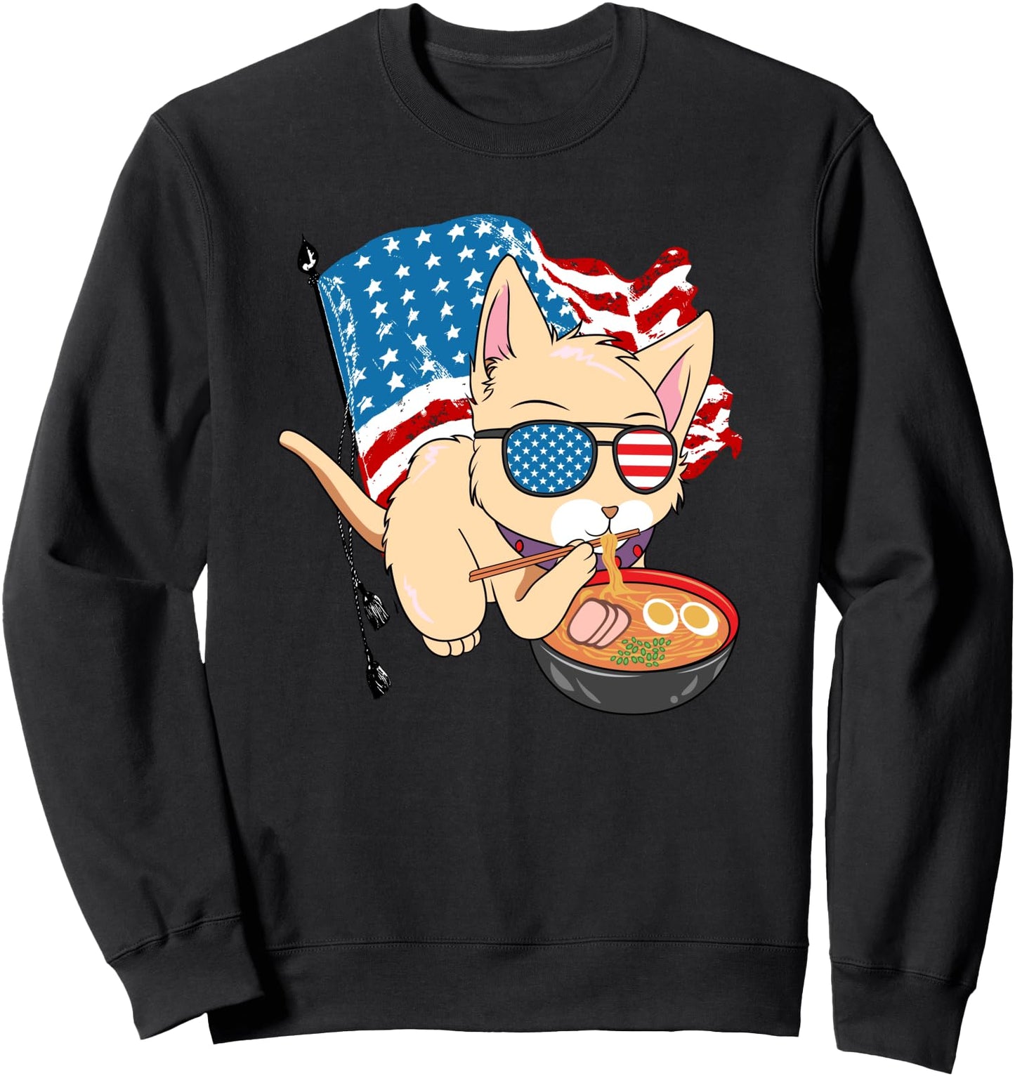 4th of July US Flag Kawaii Japanese Anime Cat Ramen Sweatshirt