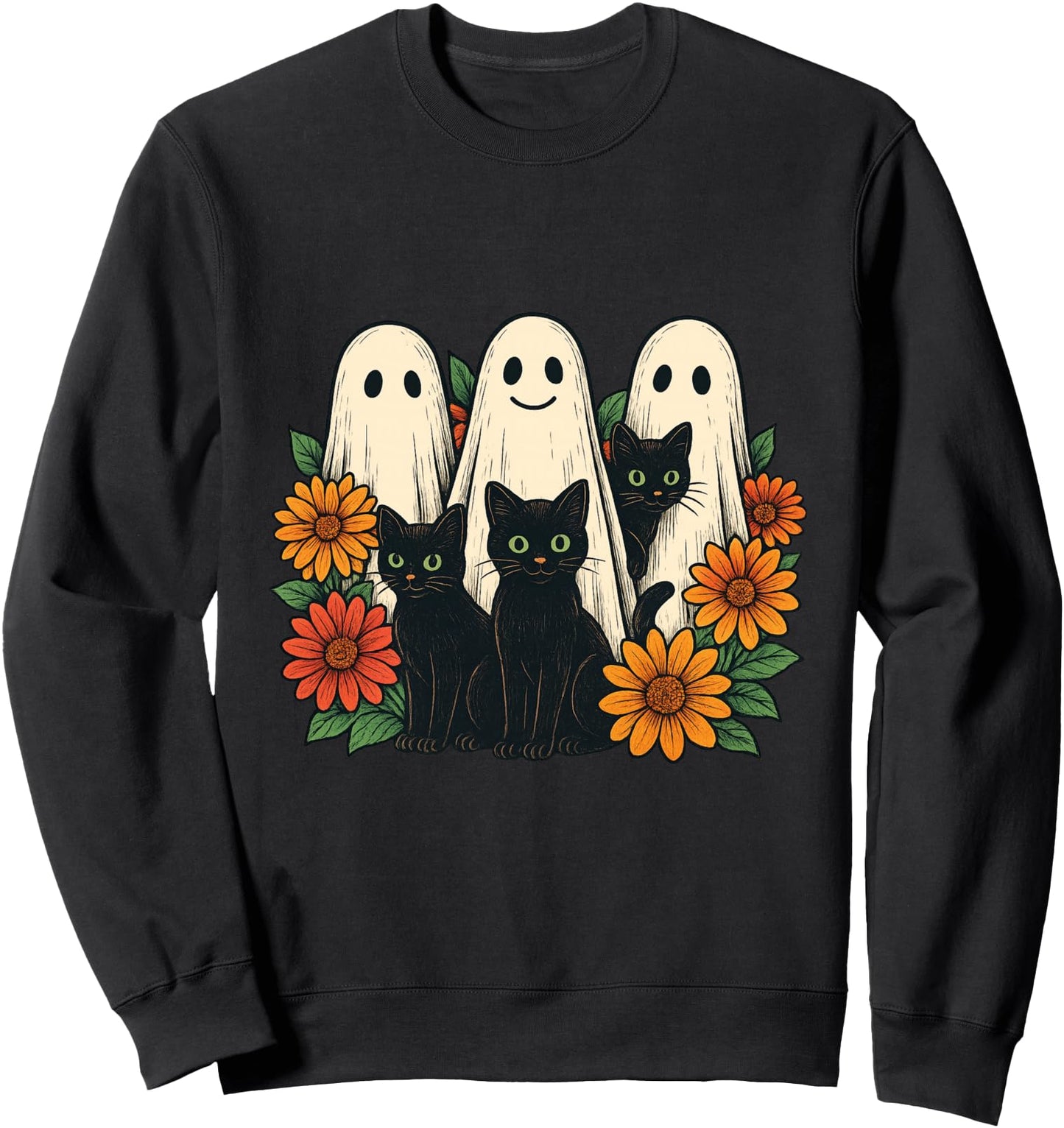 Vintage Halloween Ghost Holding Black Cat Groovy Floral Sweatshirt