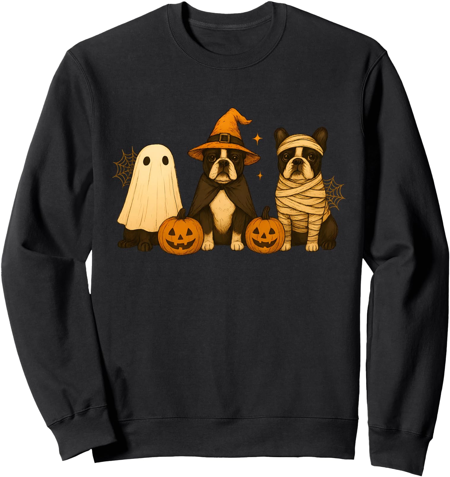 Retro Boston Terrier Witch Scary Halloween Pumpkin Women Men Sweatshirt