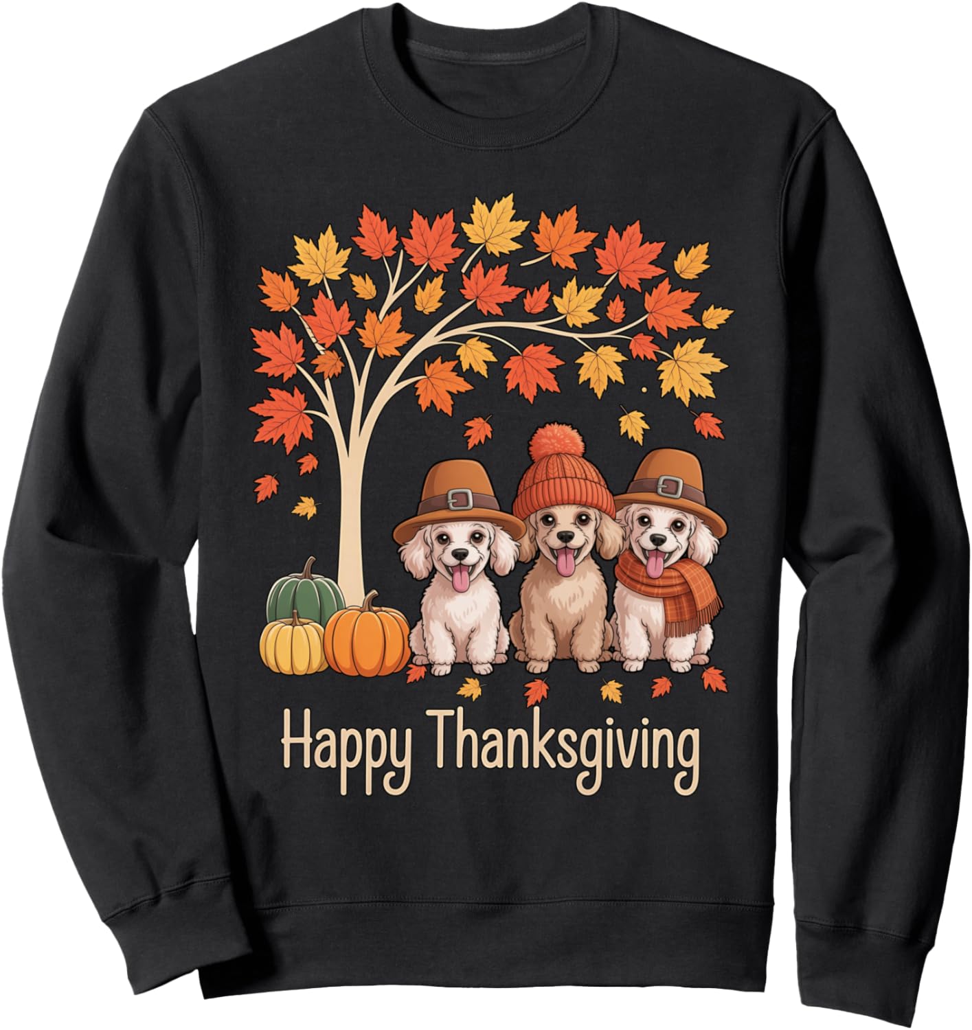 Funny Three Miniature Poodle Dogs Tree Happy Thanksgiving Sweatshirt