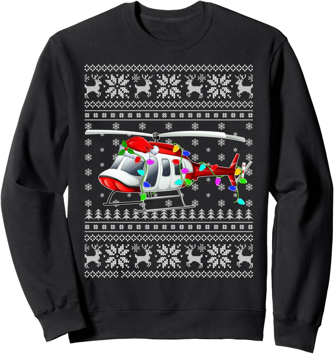 Ugly Sweater Xmas Lights Santa Hat Helicopter Christmas Sweatshirt
