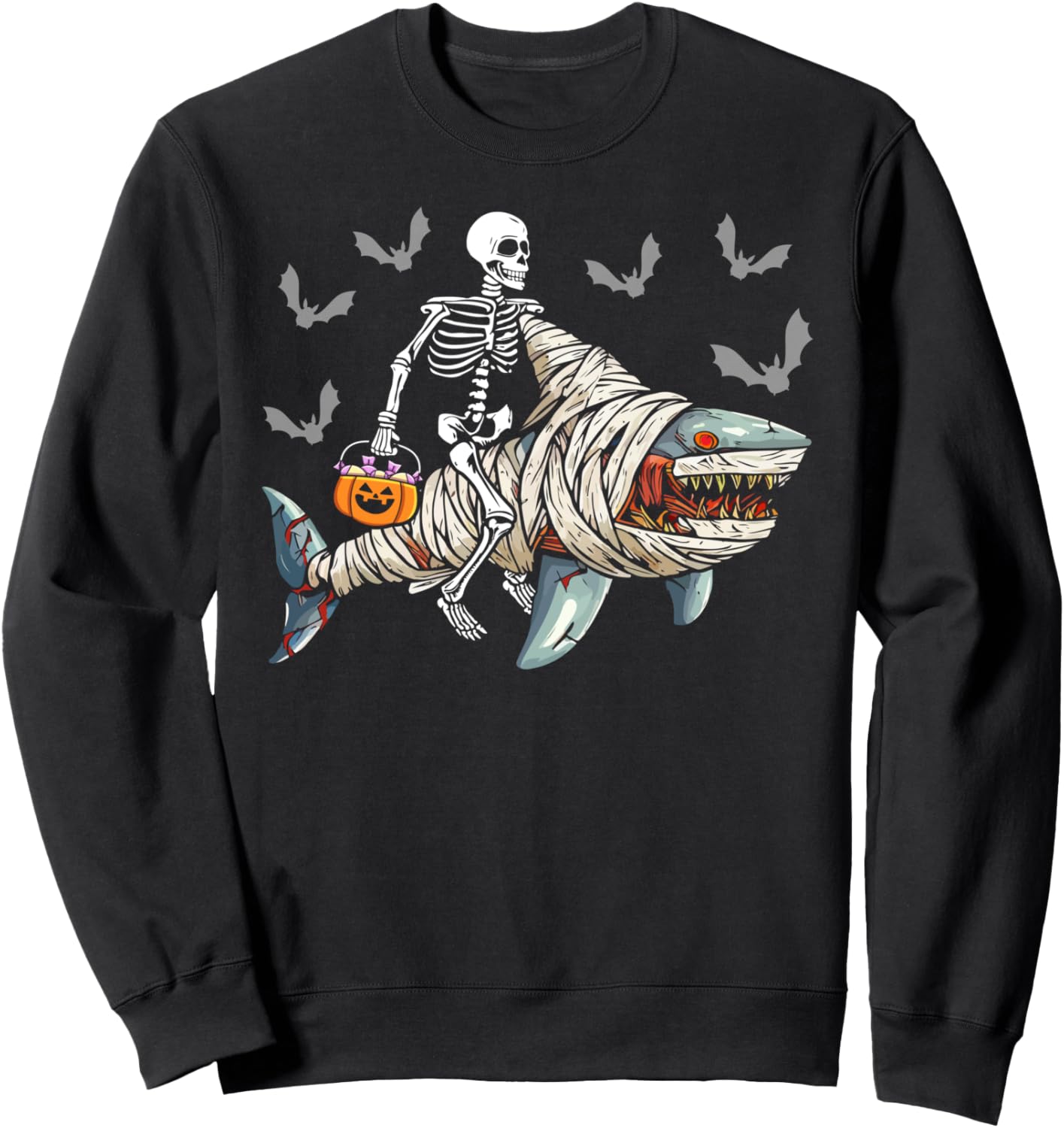 skeleton riding mummy shark funny halloween pumpkin kids Sweatshirt