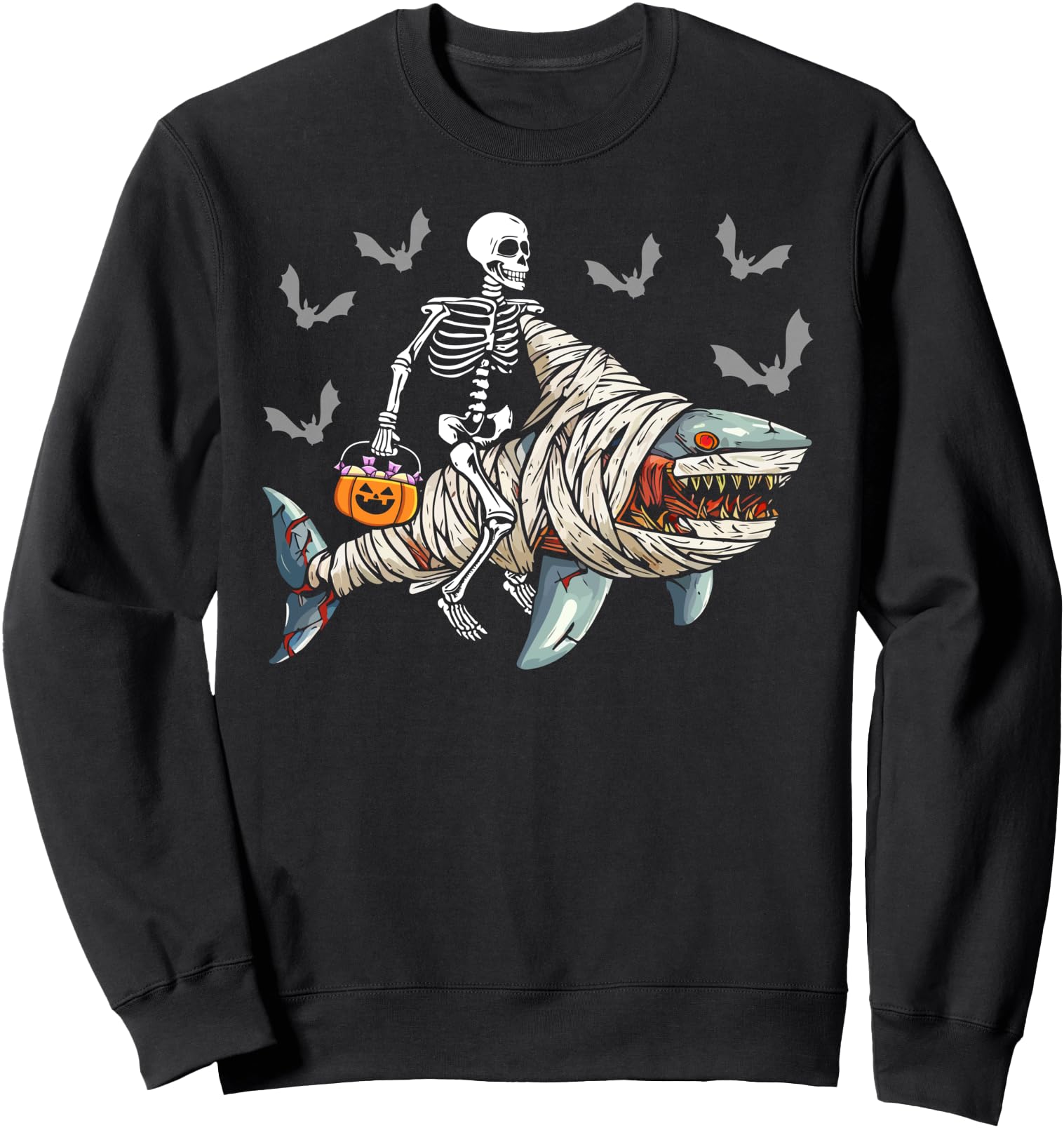 skeleton riding mummy shark funny halloween pumpkin Sweatshirt