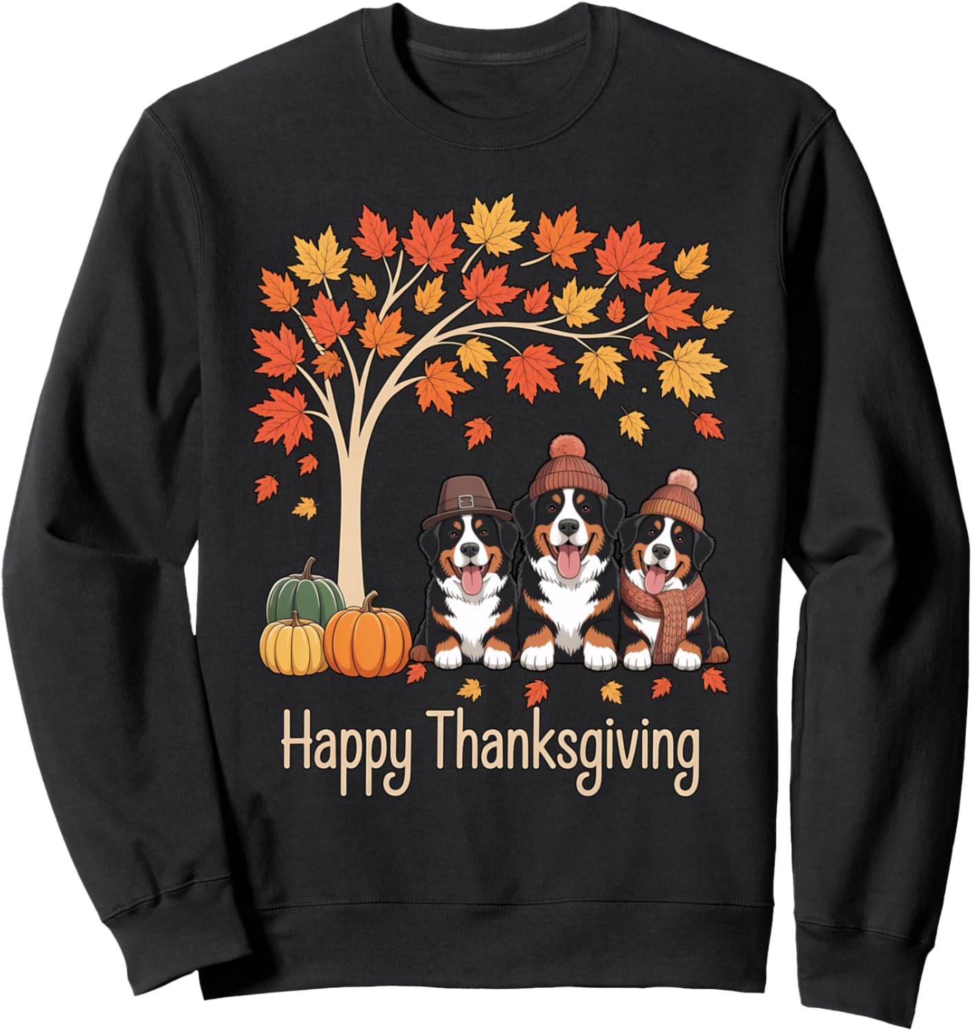 Three Bernese Mountain Dogs Fall Tree Happy Thanksgiving Sweatshirt