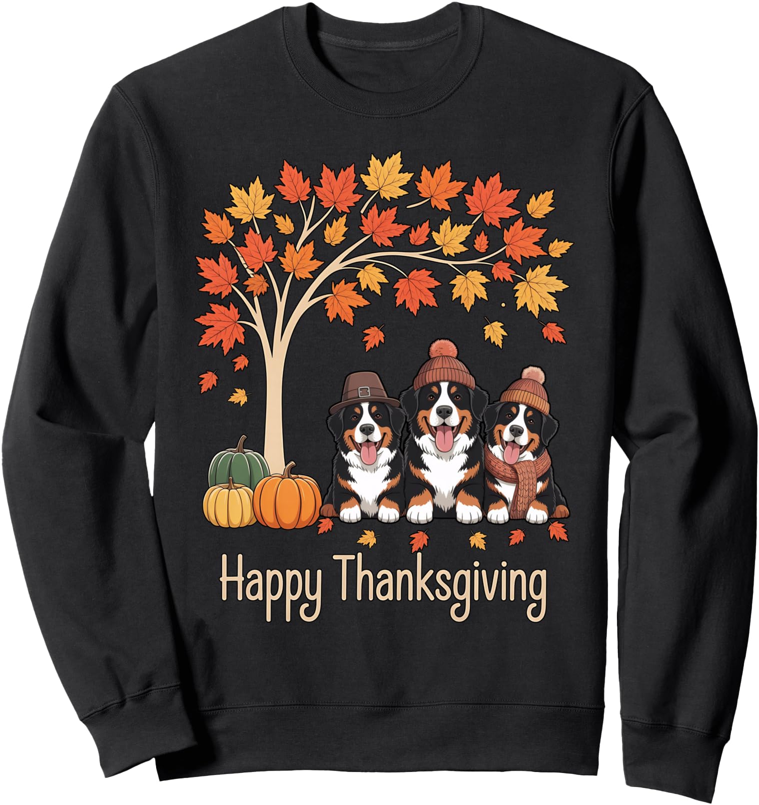 Three Bernese Mountain Dogs Fall Tree Happy Thanksgiving Sweatshirt