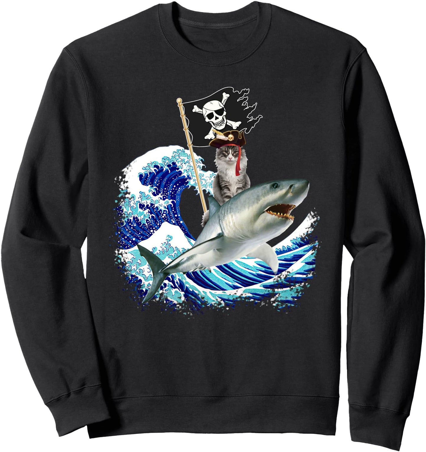 Pirate Cat Riding Shark Surfing Japanese Wave Cat Lover Sweatshirt