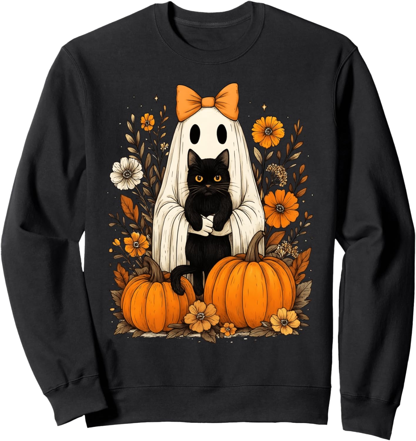 Vintage Halloween Ghost Holding Black Cat Groovy Floral Sweatshirt
