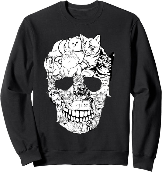 Cat Skull Sweatshirt - Cat Skeleton Sweater Shirt Halloween Sweatshirt